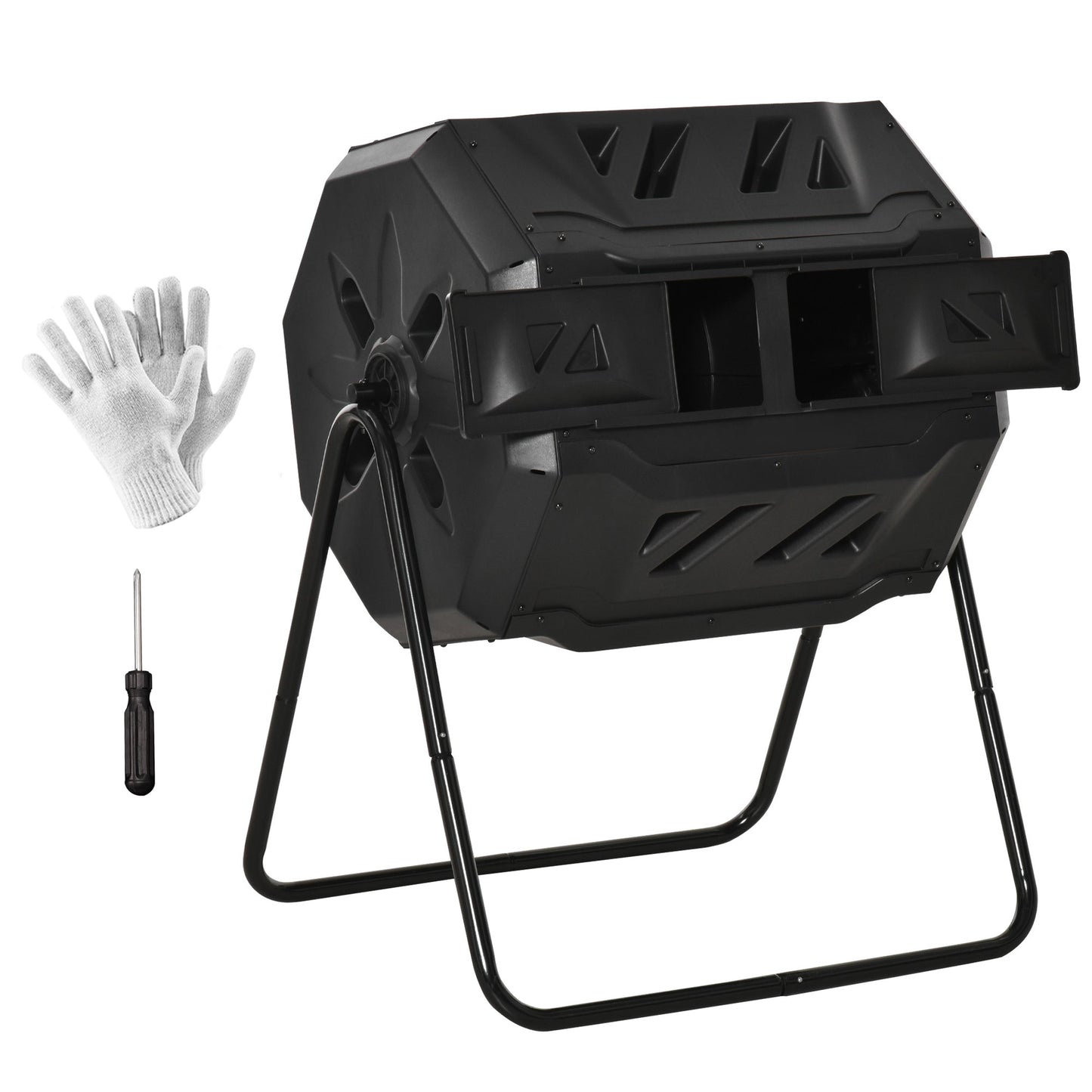 43 Gallon (160L) Tumbling Compost Bin Outdoor Dual Chamber 360° Rotating Composter with Sliding Doors, Solid Steel Frame and Gloves, Black