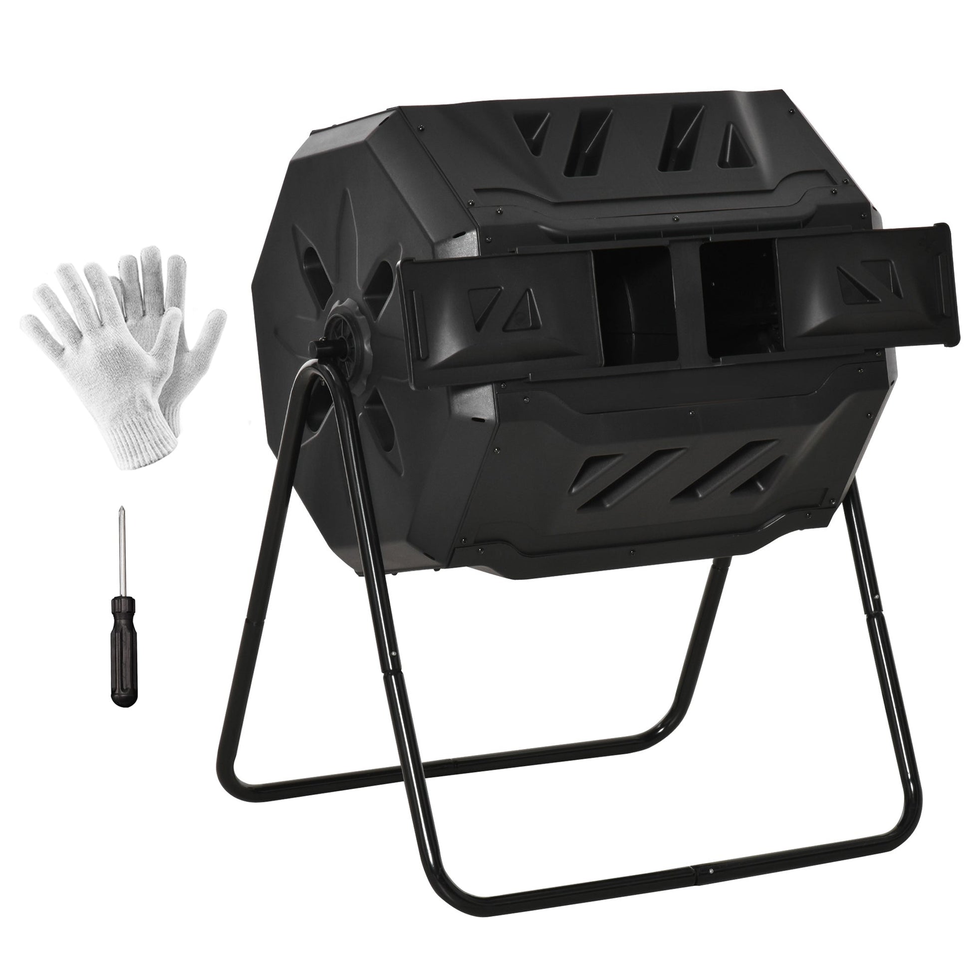 43 Gallon (160L) Tumbling Compost Bin Outdoor Dual Chamber 360° Rotating Composter with Sliding Doors, Solid Steel Frame and Gloves, Black
