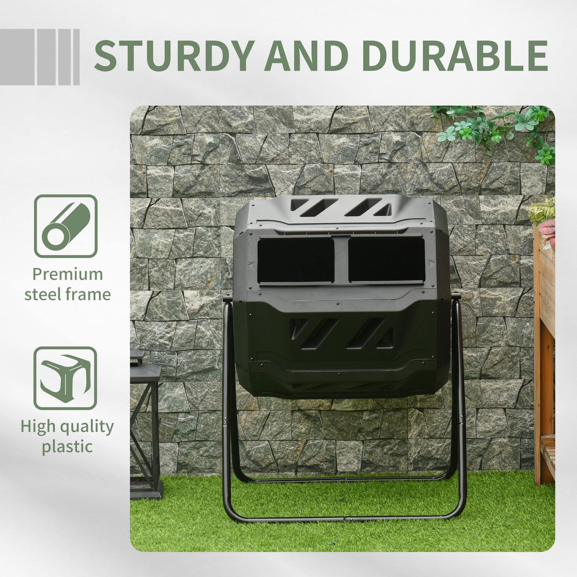 43 Gallon (160L) Tumbling Compost Bin Outdoor Dual Chamber 360° Rotating Composter with Sliding Doors, Solid Steel Frame and Gloves, Black