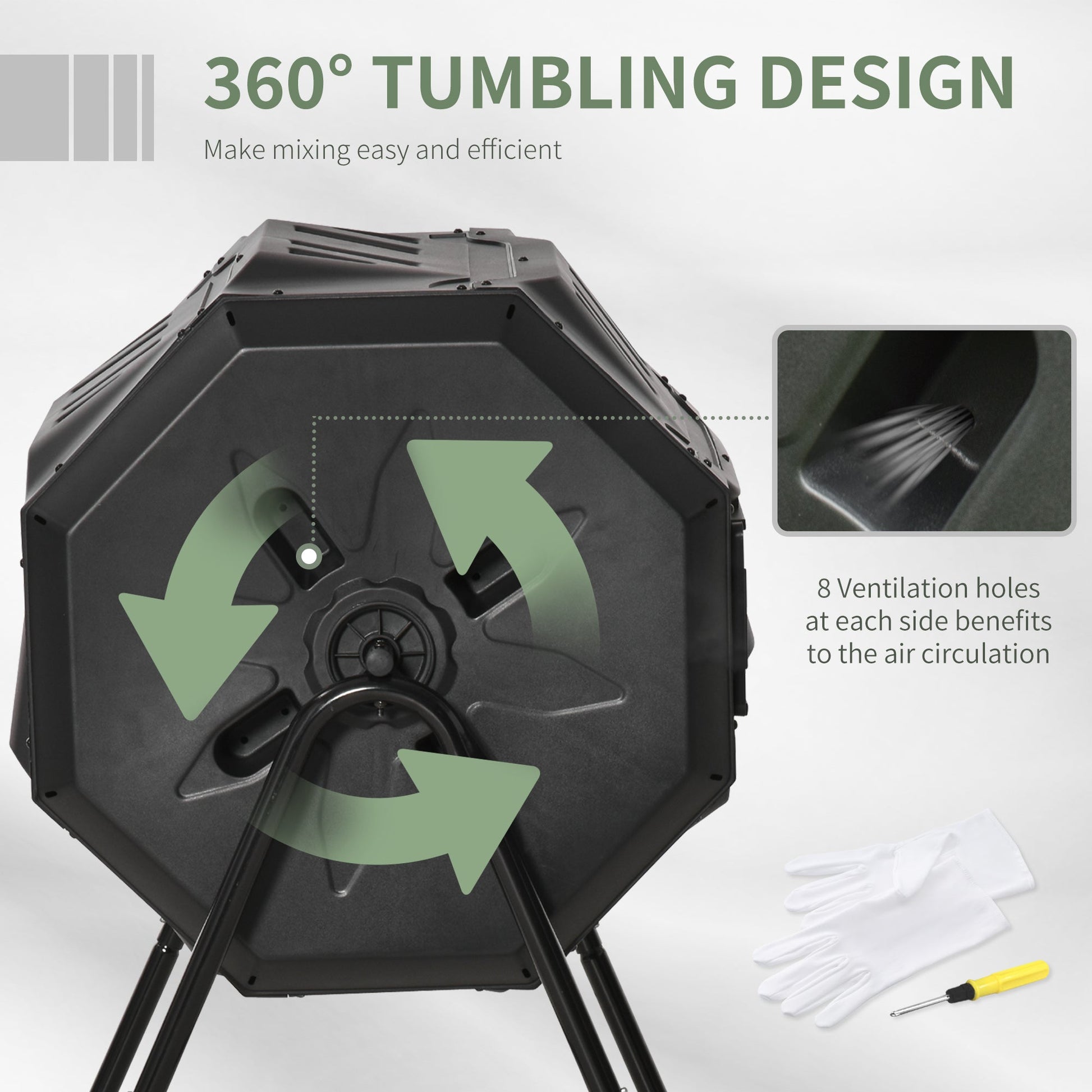 43 Gallon (160L) Tumbling Compost Bin Outdoor Dual Chamber 360° Rotating Composter with Sliding Doors, Solid Steel Frame and Gloves, Black