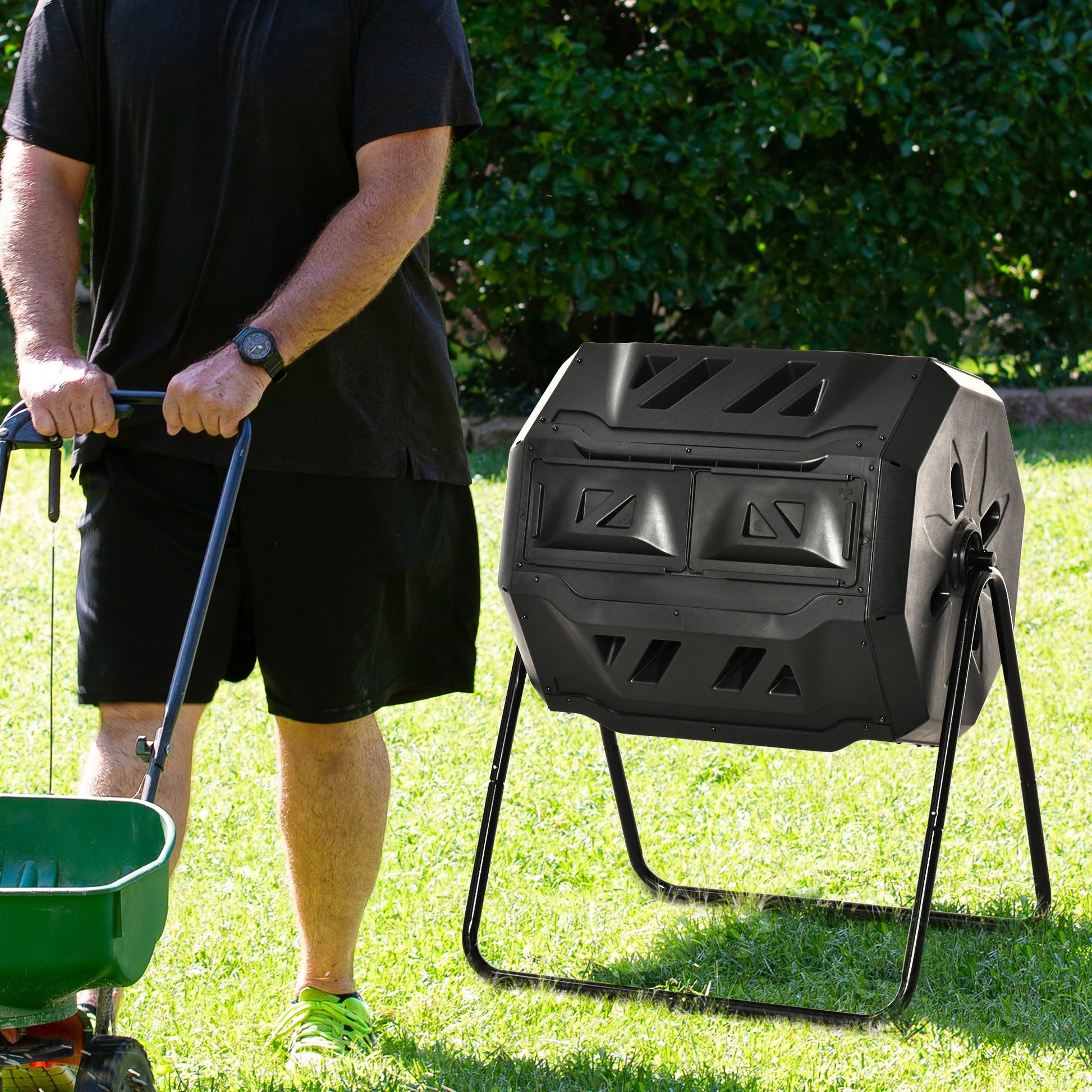 43 Gallon (160L) Tumbling Compost Bin Outdoor Dual Chamber 360° Rotating Composter with Sliding Doors, Solid Steel Frame and Gloves, Black
