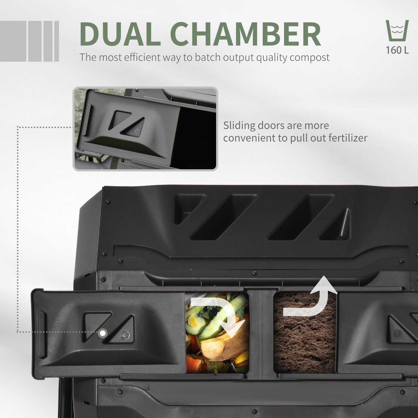 43 Gallon (160L) Tumbling Compost Bin Outdoor Dual Chamber 360° Rotating Composter with Sliding Doors, Solid Steel Frame and Gloves, Black