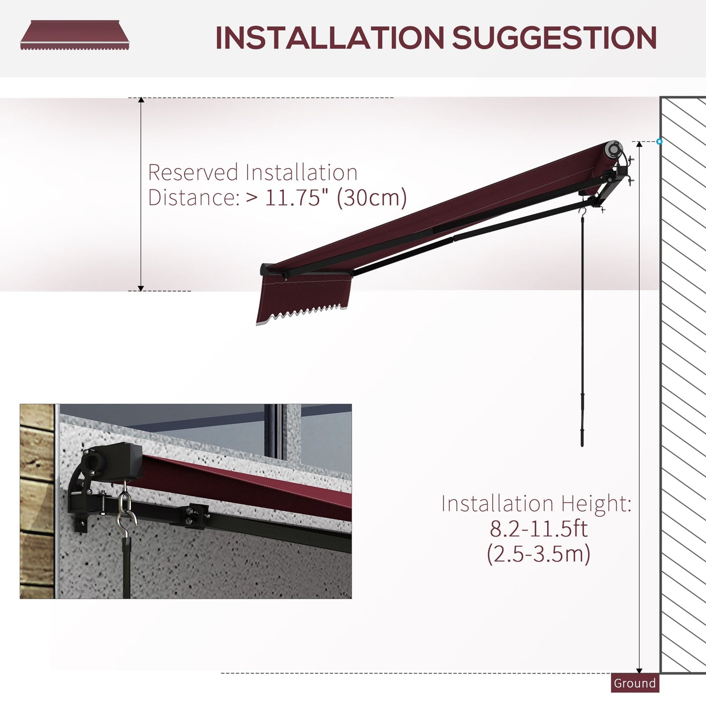  10' x 8' Retractable Awning, Patio Awning Sunshade Shelter with Manual Crank Handle, 280gsm UV Resistant Fabric and Aluminum Frame, for Balcony, Yard, Wine Red