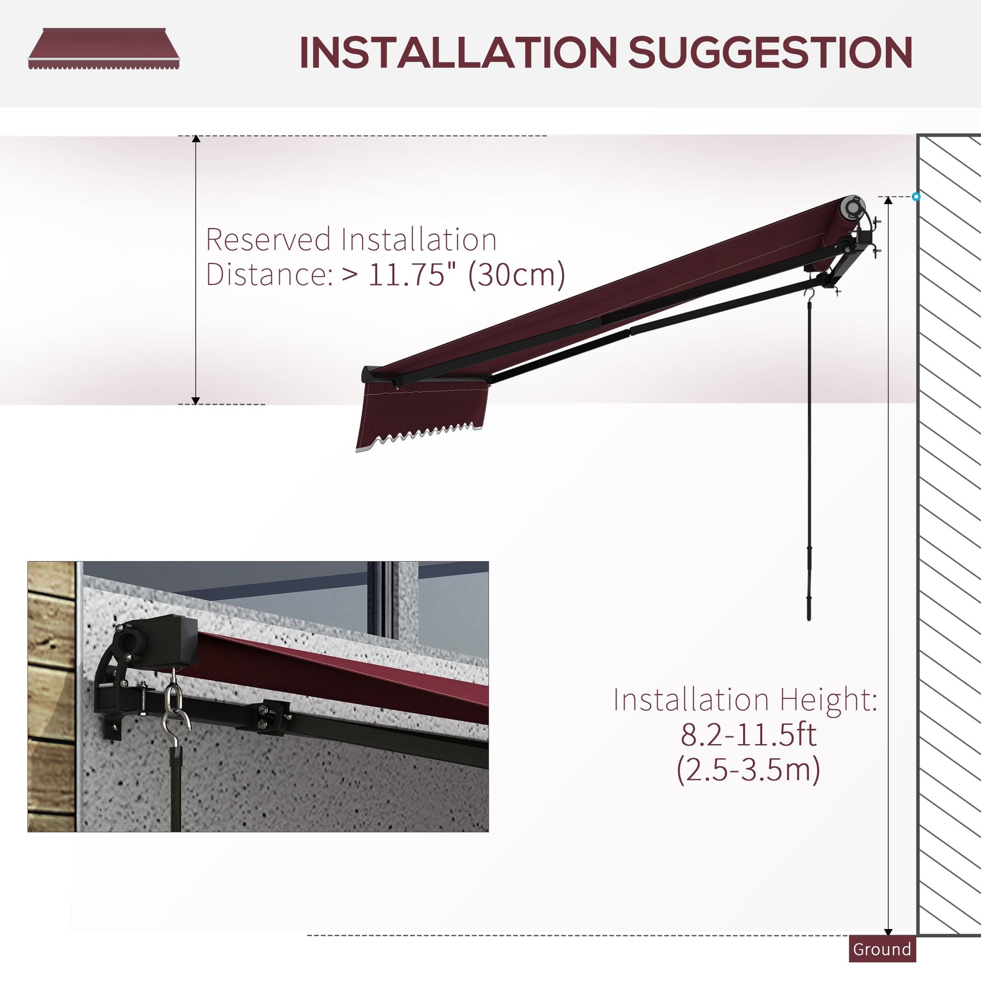  10' x 8' Retractable Awning, Patio Awning Sunshade Shelter with Manual Crank Handle, 280gsm UV Resistant Fabric and Aluminum Frame, for Balcony, Yard, Wine Red