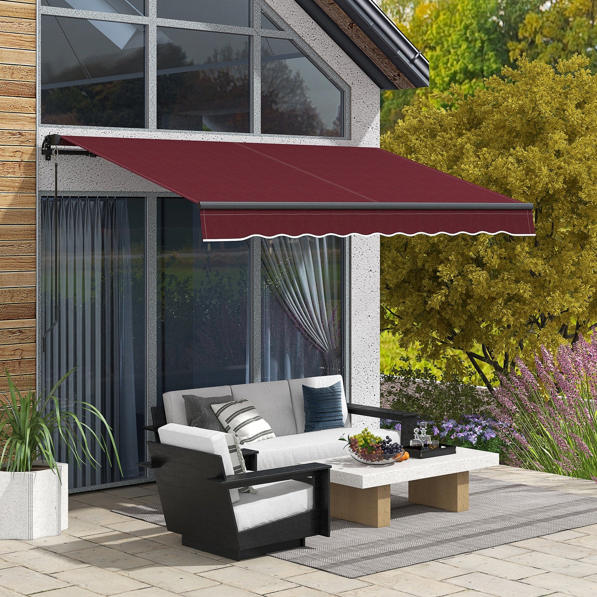  10' x 8' Retractable Awning, Patio Awning Sunshade Shelter with Manual Crank Handle, 280gsm UV Resistant Fabric and Aluminum Frame, for Balcony, Yard, Wine Red
