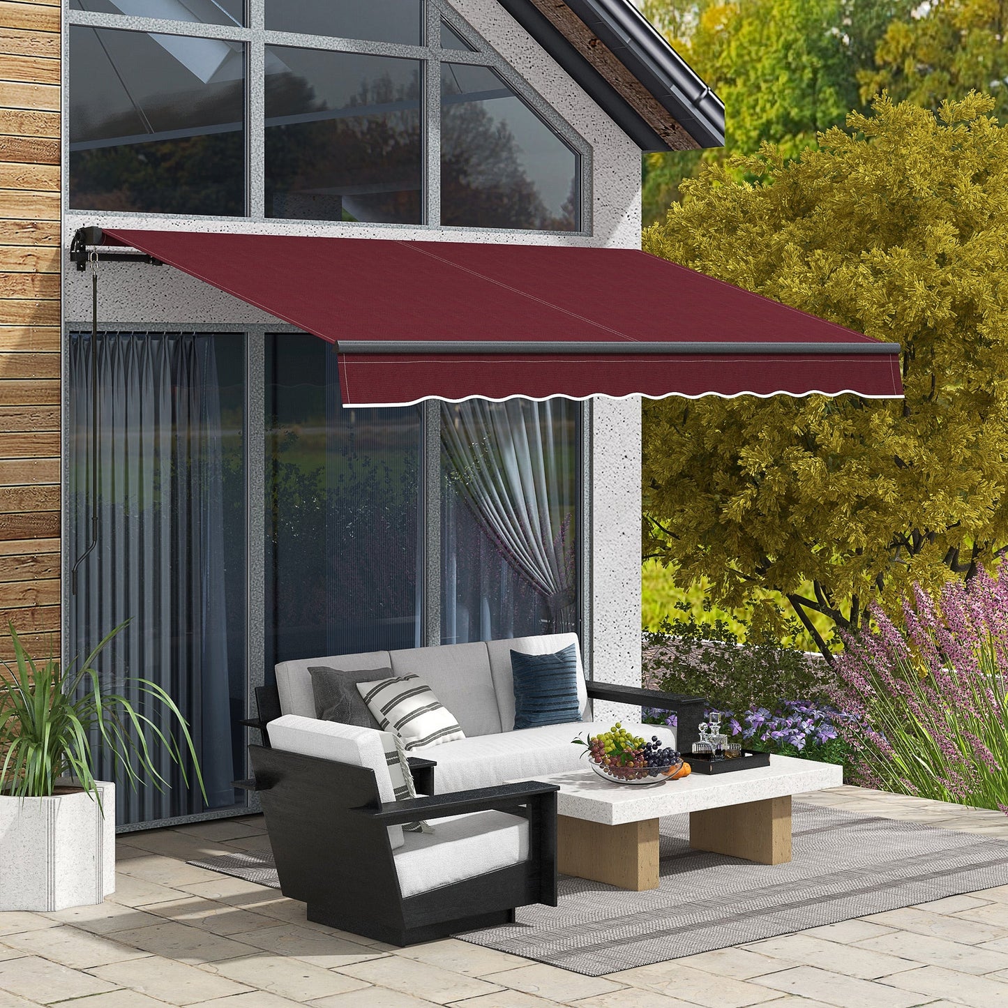  10' x 8' Retractable Awning, Patio Awning Sunshade Shelter with Manual Crank Handle, 280gsm UV Resistant Fabric and Aluminum Frame, for Balcony, Yard, Wine Red