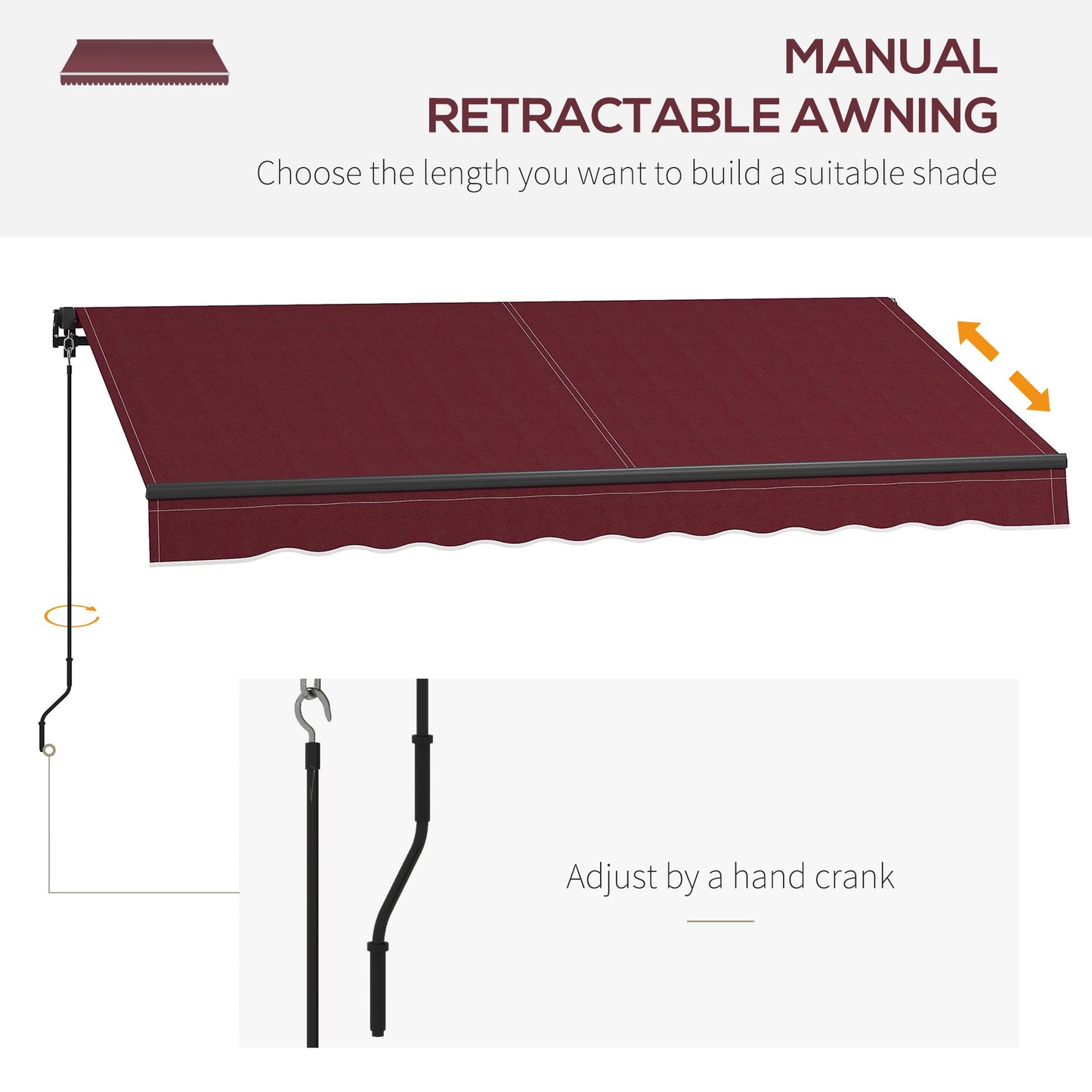  10' x 8' Retractable Awning, Patio Awning Sunshade Shelter with Manual Crank Handle, 280gsm UV Resistant Fabric and Aluminum Frame, for Balcony, Yard, Wine Red