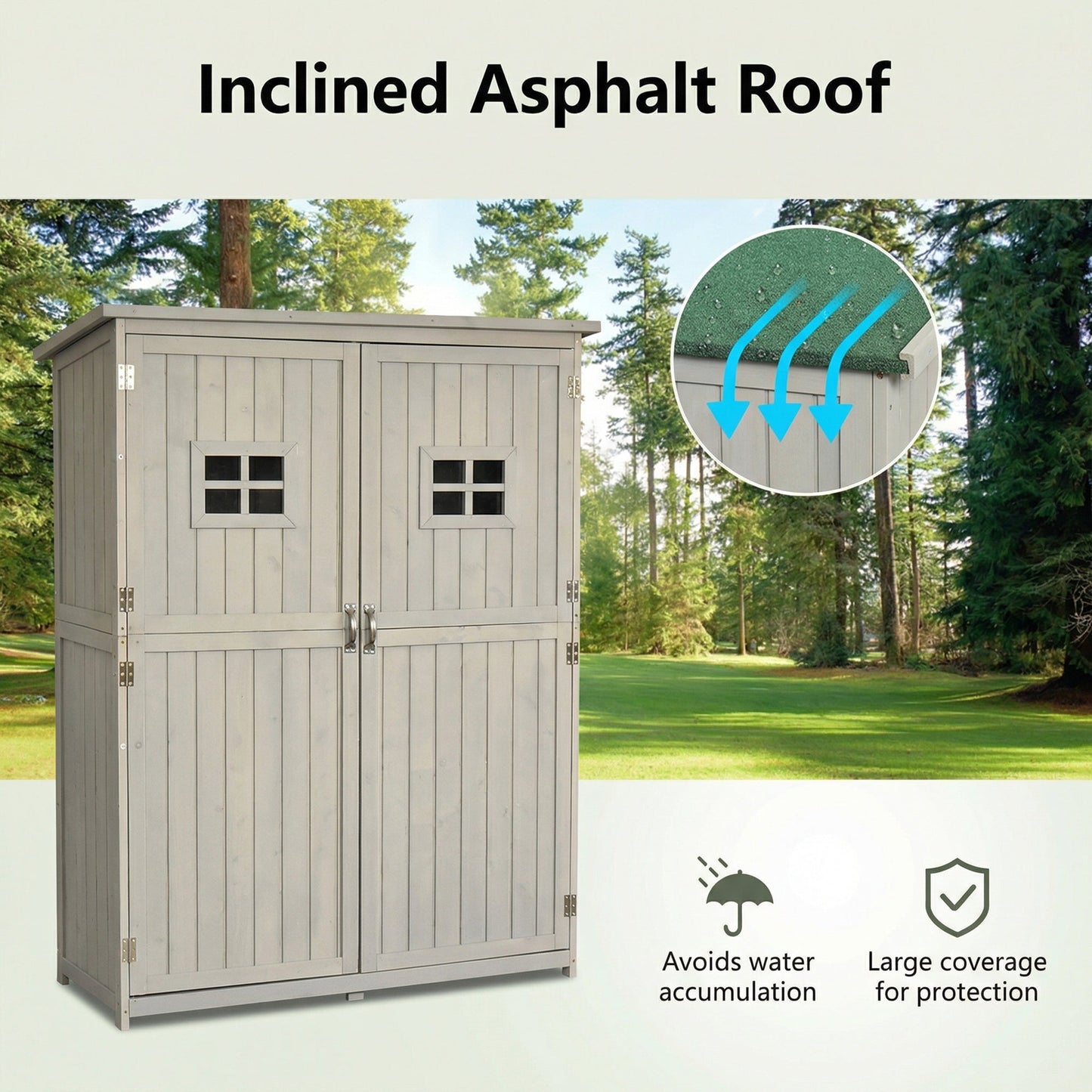 Wooden storage shed with inclined asphalt roof in a forest setting