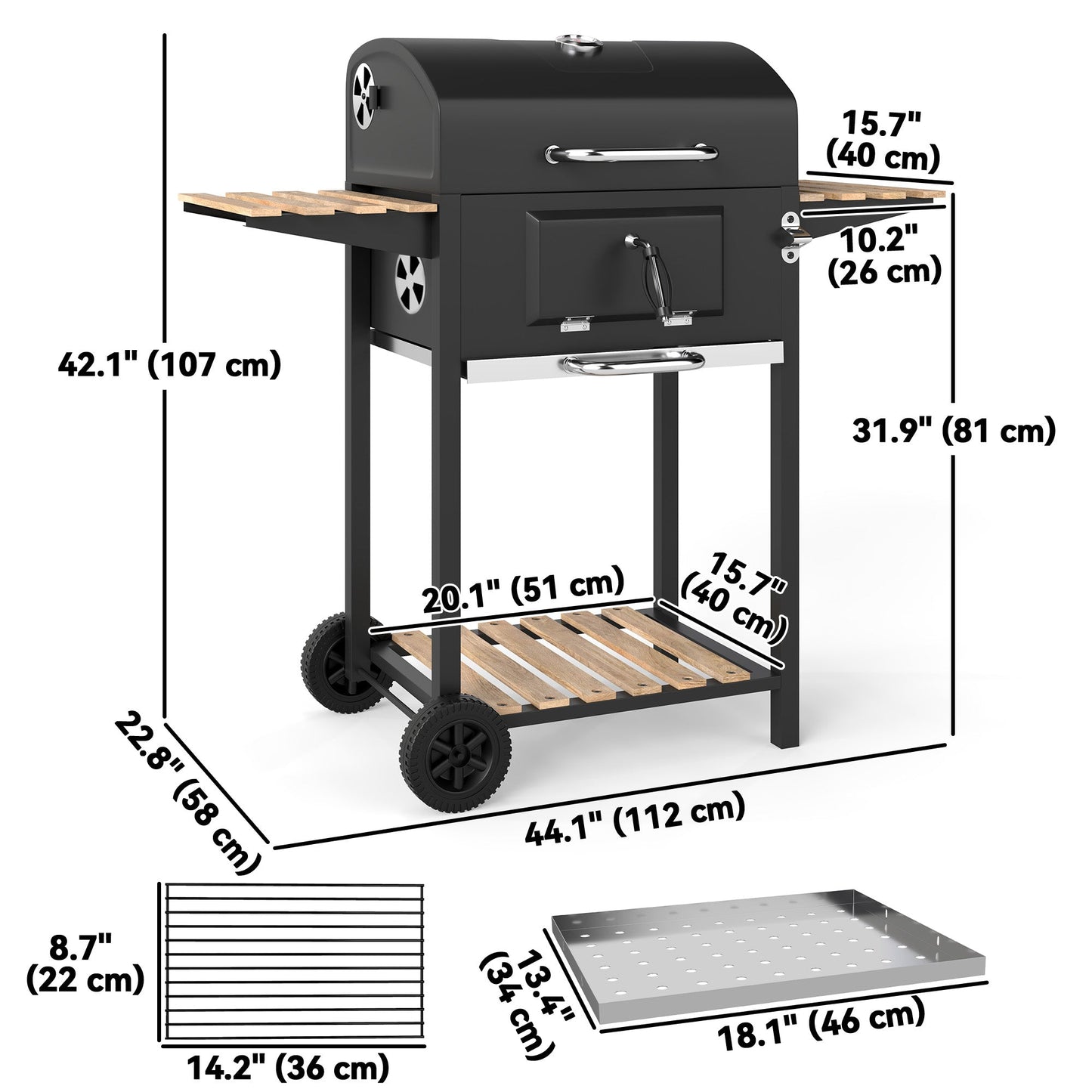 Portable Outdoor Charcoal BBQ Grill with Adjustable Charcoal Pan, Barbecue Grill with Spacious Cooking Area, 3 Shelves, Thermometer, Wheels for Patio Backyard Party