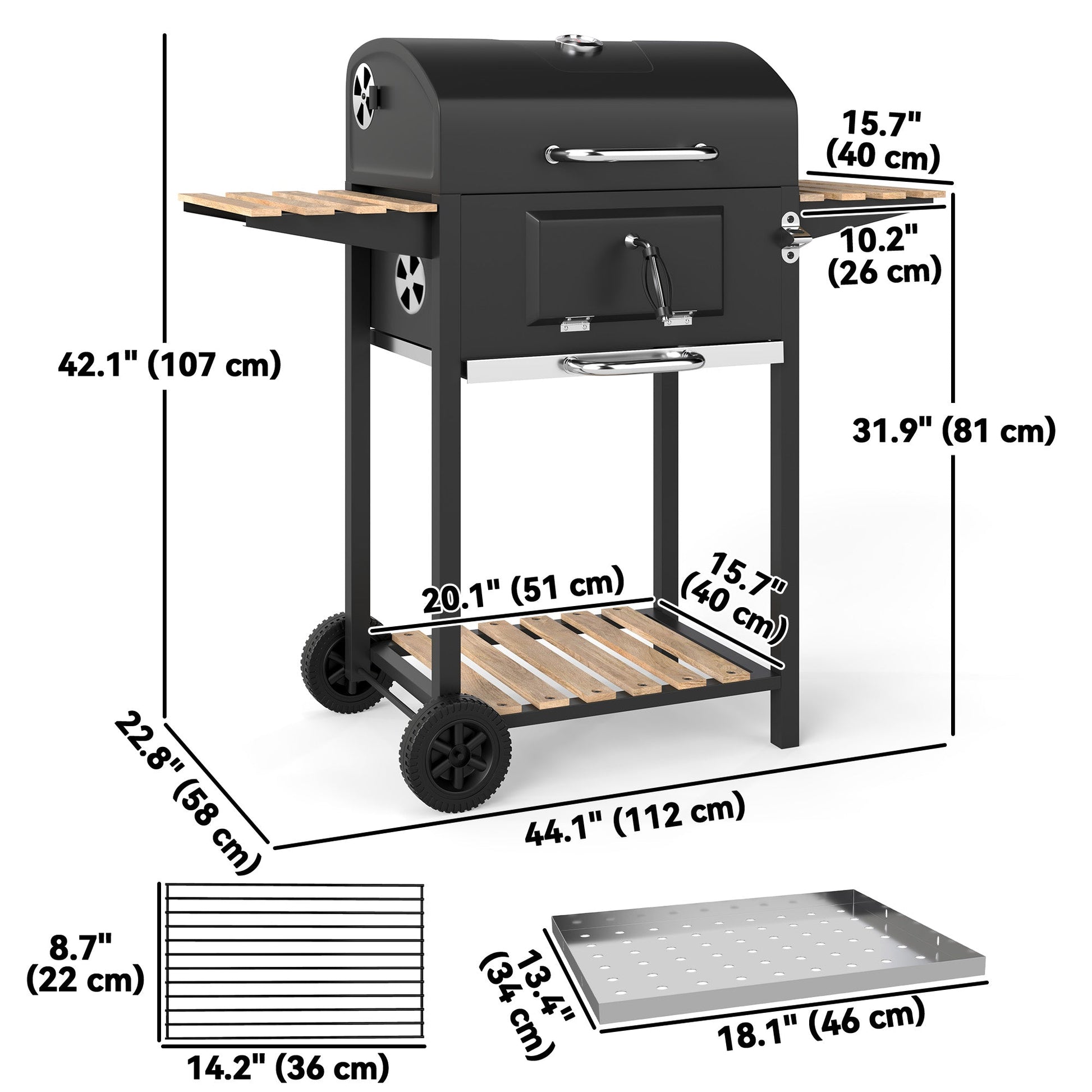 Portable Outdoor Charcoal BBQ Grill with Adjustable Charcoal Pan, Barbecue Grill with Spacious Cooking Area, 3 Shelves, Thermometer, Wheels for Patio Backyard Party