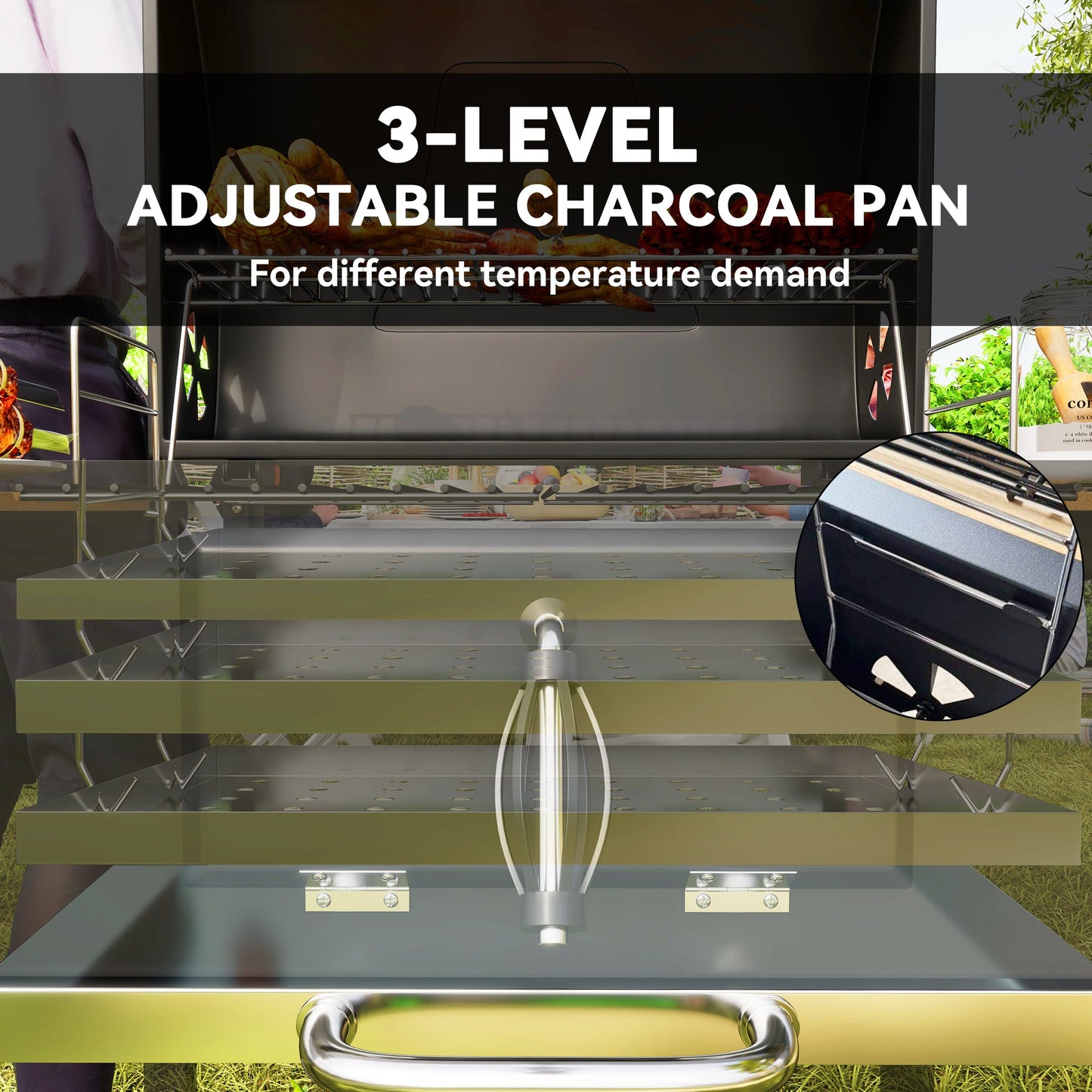 Portable Outdoor Charcoal BBQ Grill with Adjustable Charcoal Pan, Barbecue Grill with Spacious Cooking Area, 3 Shelves, Thermometer, Wheels for Patio Backyard Party