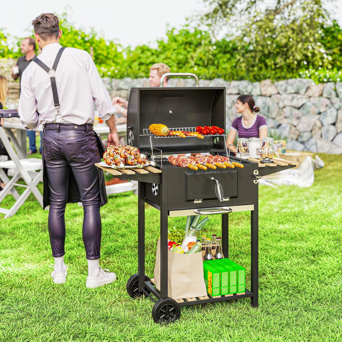 Portable Outdoor Charcoal BBQ Grill with Adjustable Charcoal Pan, Barbecue Grill with Spacious Cooking Area, 3 Shelves, Thermometer, Wheels for Patio Backyard Party