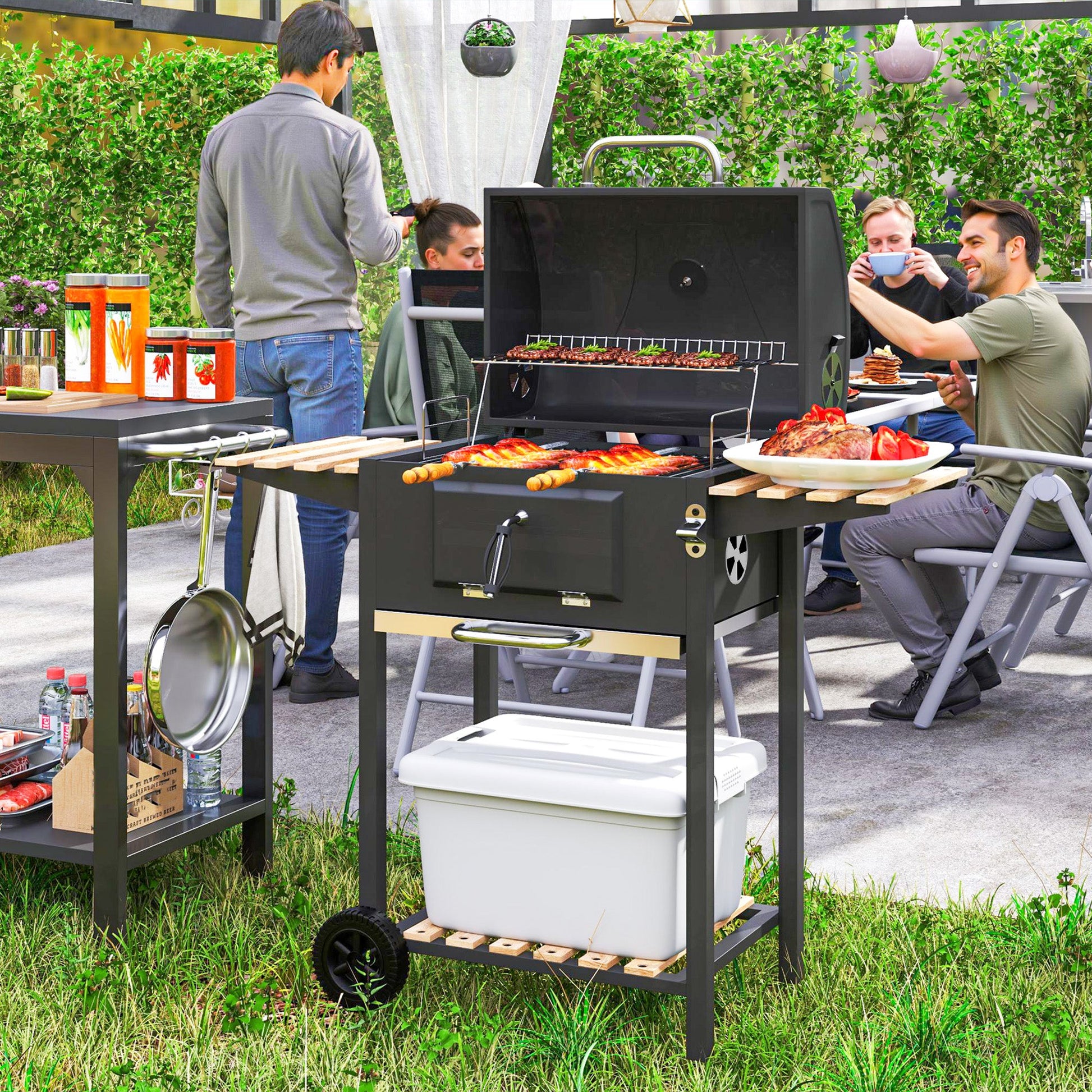 Portable Outdoor Charcoal BBQ Grill with Adjustable Charcoal Pan, Barbecue Grill with Spacious Cooking Area, 3 Shelves, Thermometer, Wheels for Patio Backyard Party