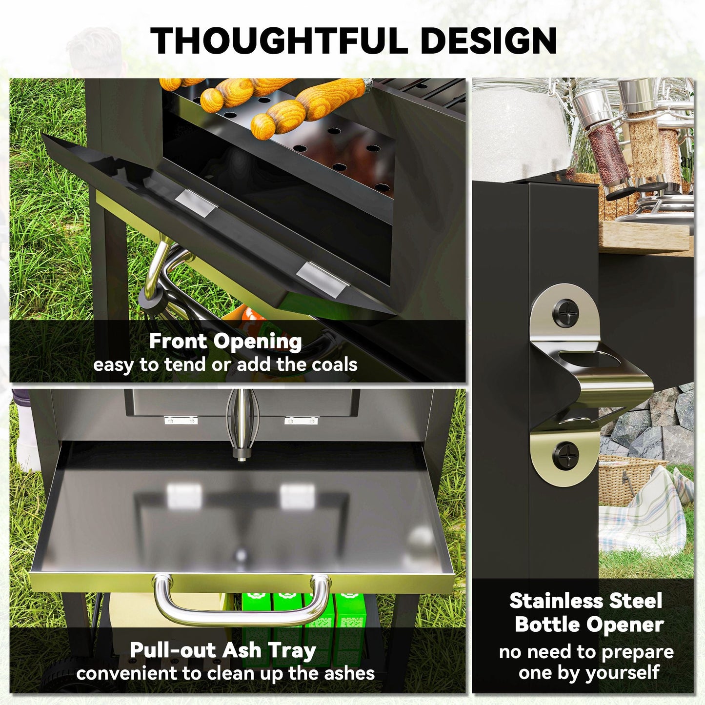 Portable Outdoor Charcoal BBQ Grill with Adjustable Charcoal Pan, Barbecue Grill with Spacious Cooking Area, 3 Shelves, Thermometer, Wheels for Patio Backyard Party