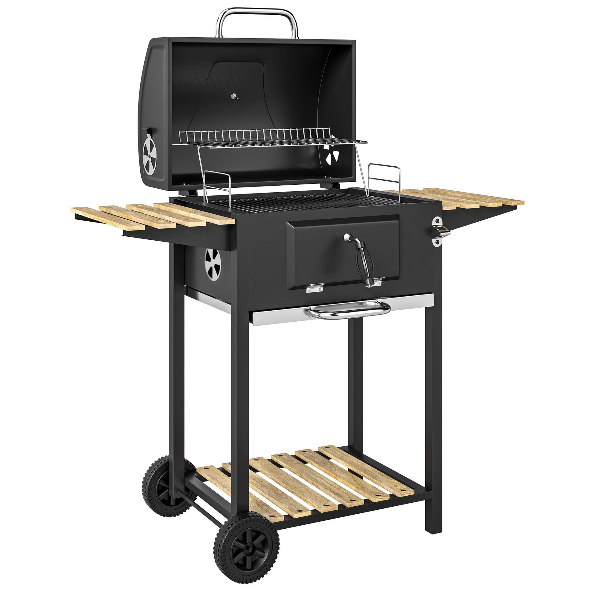 Portable Outdoor Charcoal BBQ Grill with Adjustable Charcoal Pan, Barbecue Grill with Spacious Cooking Area, 3 Shelves, Thermometer, Wheels for Patio Backyard Party