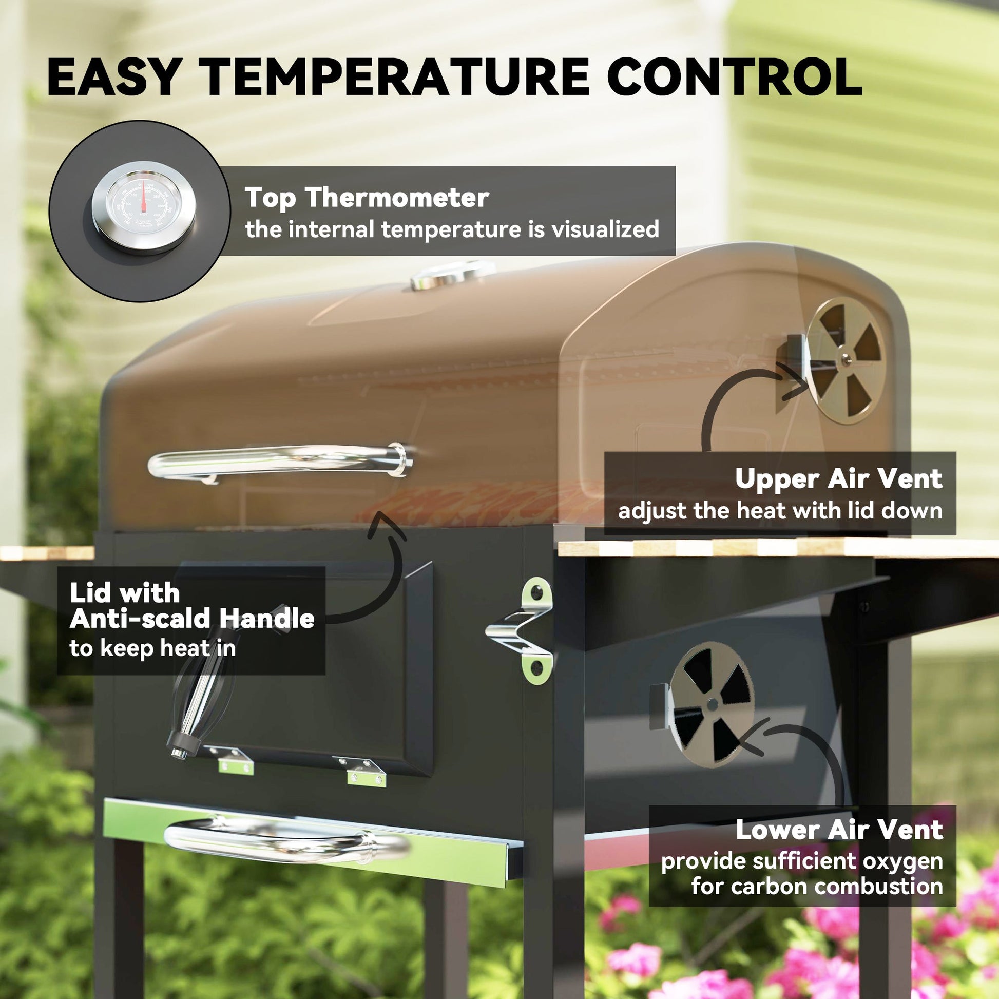 Portable Outdoor Charcoal BBQ Grill with Adjustable Charcoal Pan, Barbecue Grill with Spacious Cooking Area, 3 Shelves, Thermometer, Wheels for Patio Backyard Party