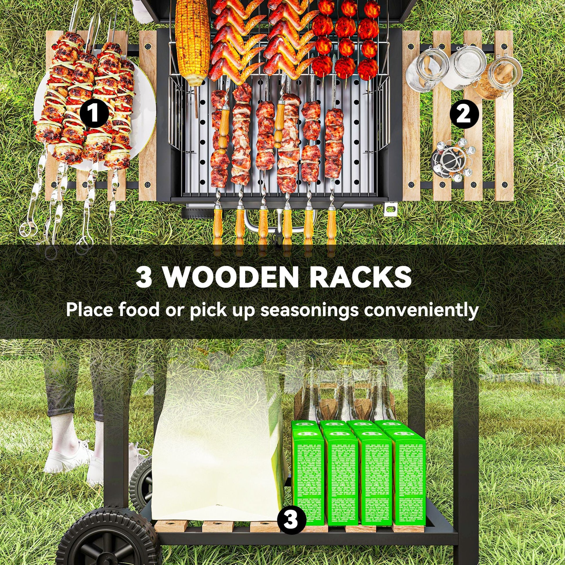 Portable Outdoor Charcoal BBQ Grill with Adjustable Charcoal Pan, Barbecue Grill with Spacious Cooking Area, 3 Shelves, Thermometer, Wheels for Patio Backyard Party