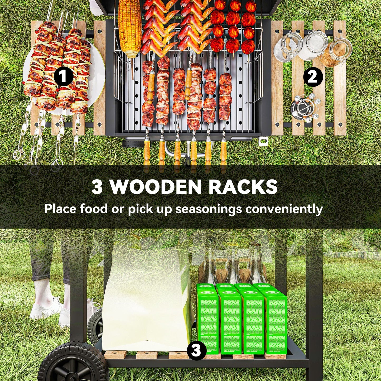 Portable Outdoor Charcoal BBQ Grill with Adjustable Charcoal Pan, Barbecue Grill with Spacious Cooking Area, 3 Shelves, Thermometer, Wheels for Patio Backyard Party