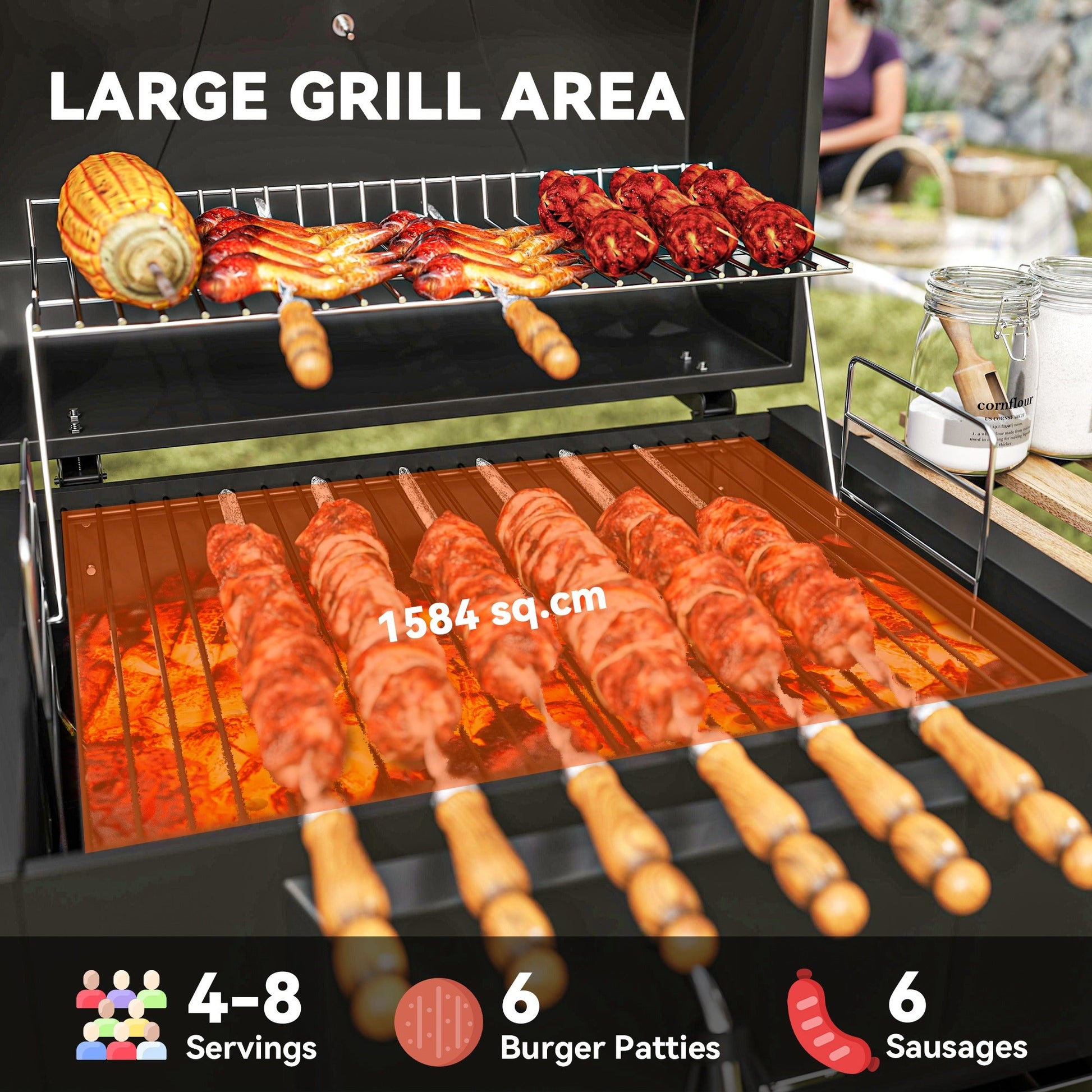 Portable Outdoor Charcoal BBQ Grill with Adjustable Charcoal Pan, Barbecue Grill with Spacious Cooking Area, 3 Shelves, Thermometer, Wheels for Patio Backyard Party