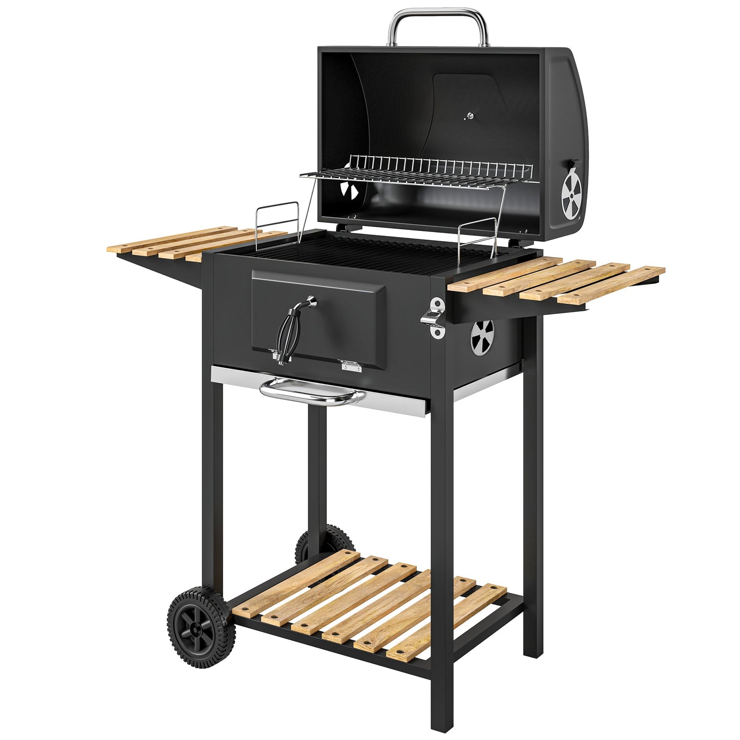 Portable Outdoor Charcoal BBQ Grill with Adjustable Charcoal Pan, Barbecue Grill with Spacious Cooking Area, 3 Shelves, Thermometer, Wheels for Patio Backyard Party