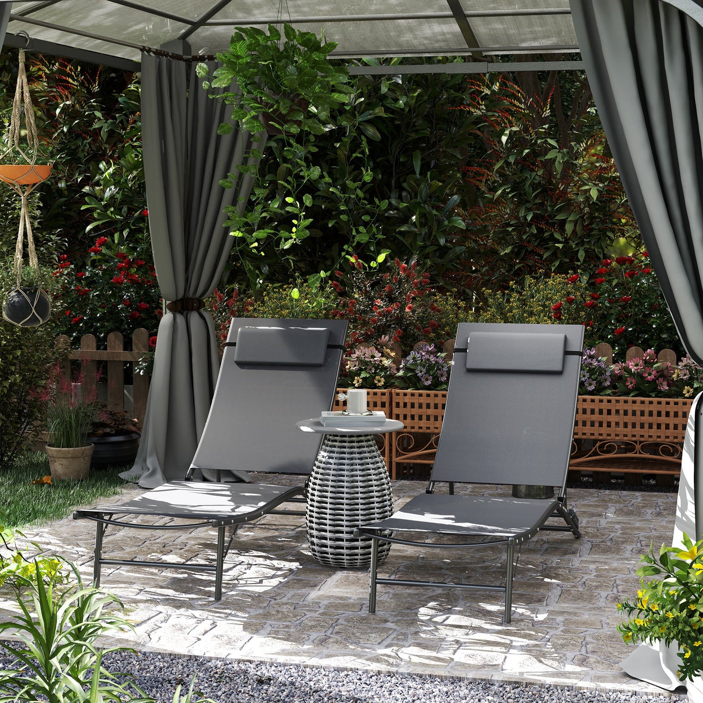 Outdoor Lounge Chair Set of 2, Folding Outdoor Chaise Lounge with Adjustable Backrest, Reclining Sun Tanning Chair with Mesh Seat, Headrest for Beach, Poolside, Grey