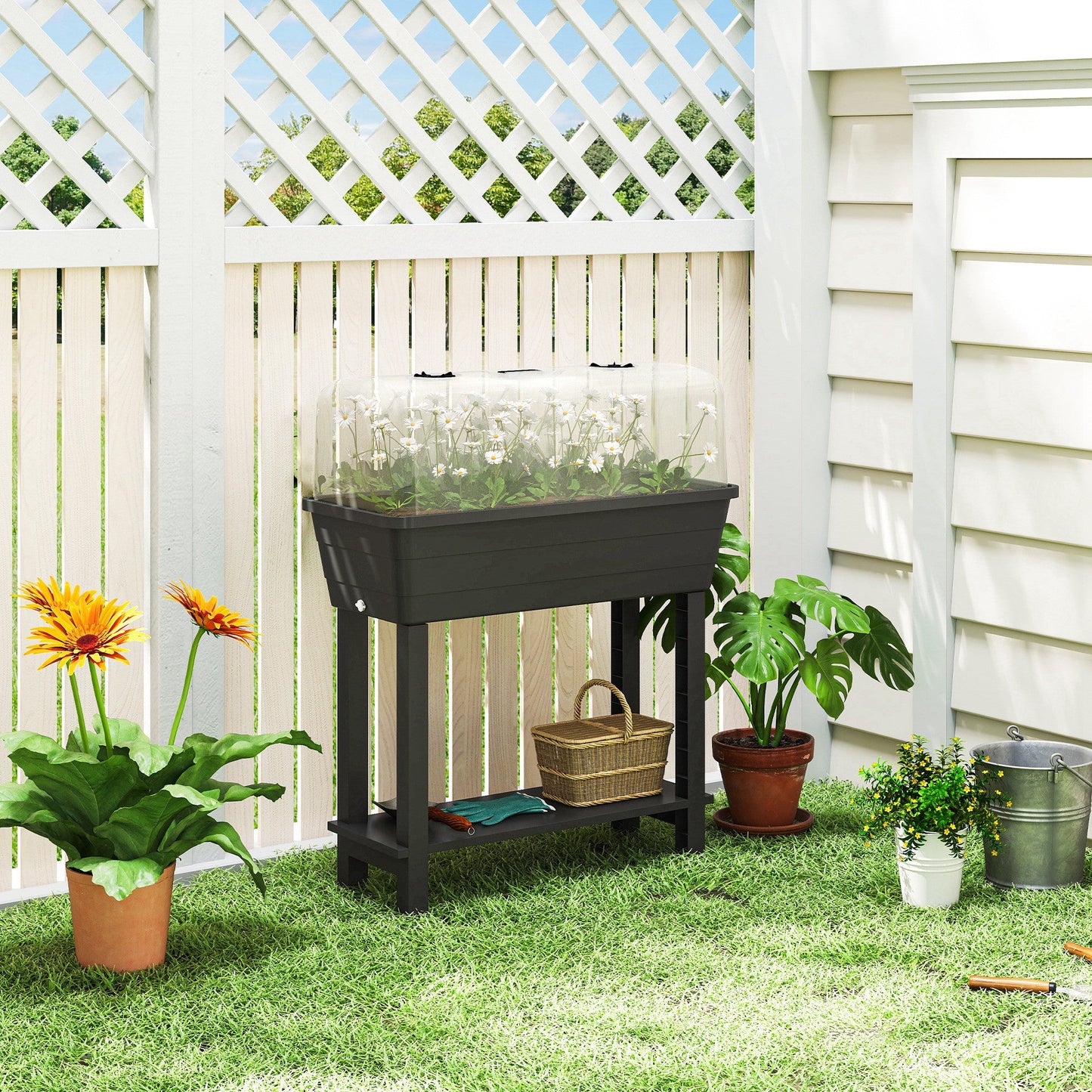 41L Self Watering Raised Garden Bed with Ventilation Transparent Lid Greenhouse, Storage Shelf, Planter Box with Water Level Indicator, 29.5" x 14.2" x 36.2", Black