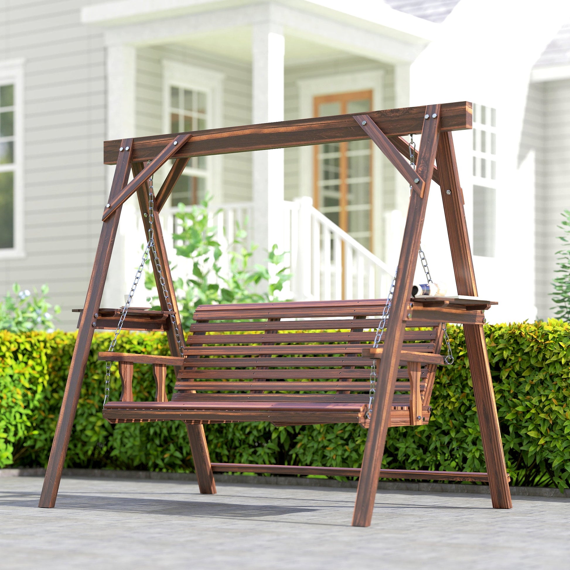 3 Seat Porch Swing with Stand, Wooden Patio Swing Chair with Side Tables and Metal Chains, Outdoor Swing Bench for Garden, Poolside, Backyard, Carbonized Brown