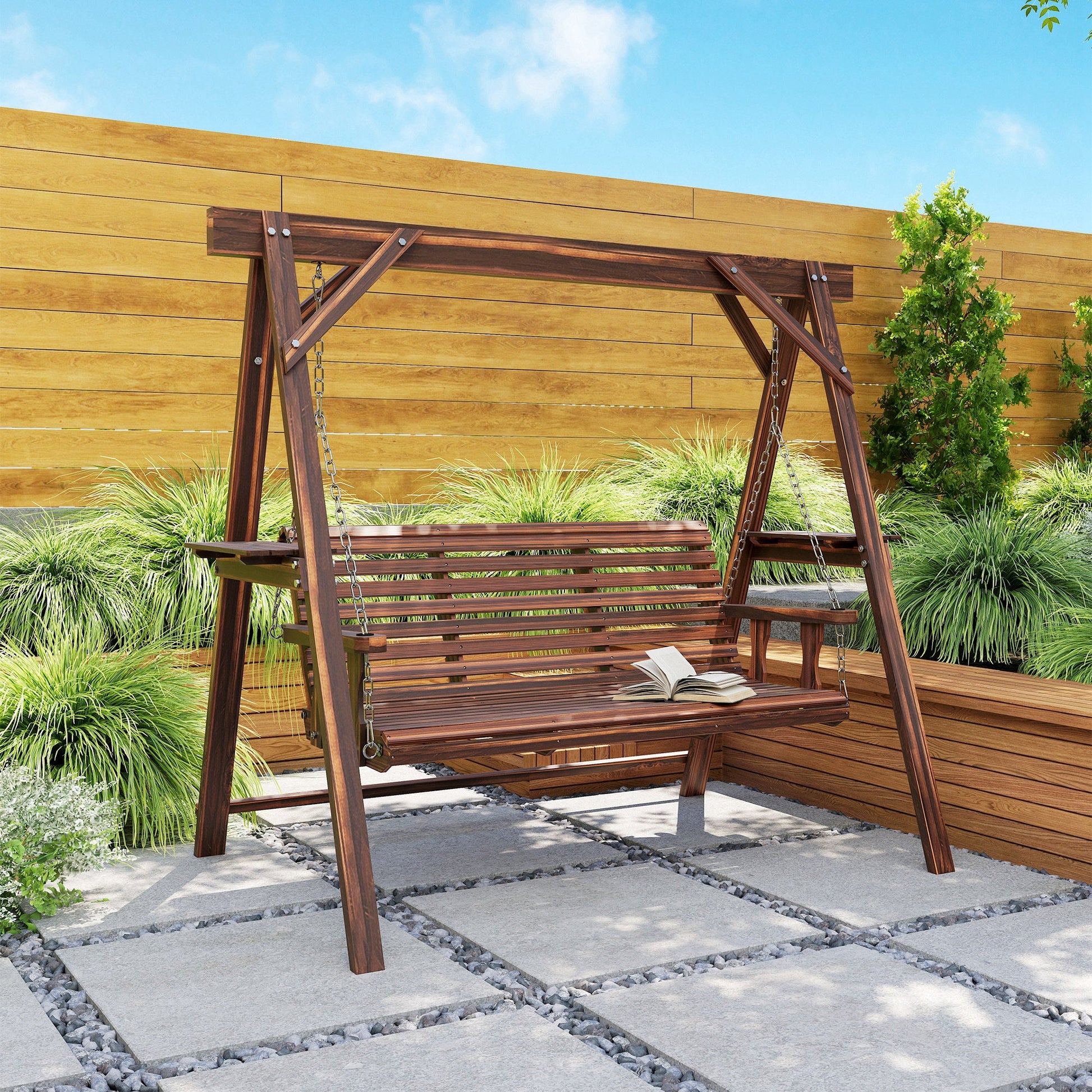 3 Seat Porch Swing with Stand, Wooden Patio Swing Chair with Side Tables and Metal Chains, Outdoor Swing Bench for Garden, Poolside, Backyard, Carbonized Brown