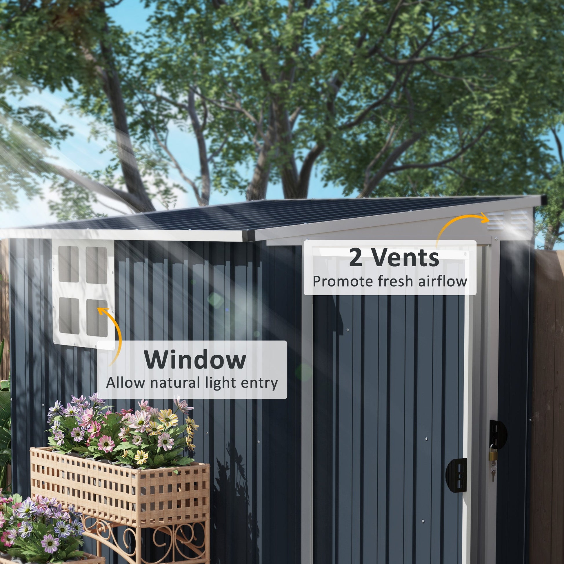 4' x 6' Outdoor Storage Shed, Metal Garden Shed with Window, 2 Vents and Lockable Door, for Backyard, Garden, Lawn, Dark Grey