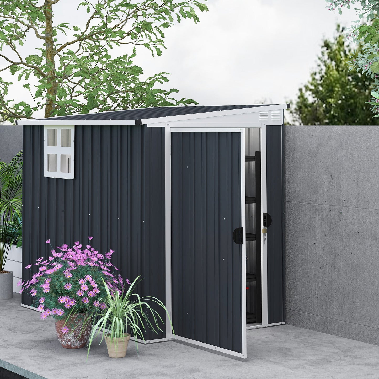 4' x 6' Outdoor Storage Shed, Metal Garden Shed with Window, 2 Vents and Lockable Door, for Backyard, Garden, Lawn, Dark Grey