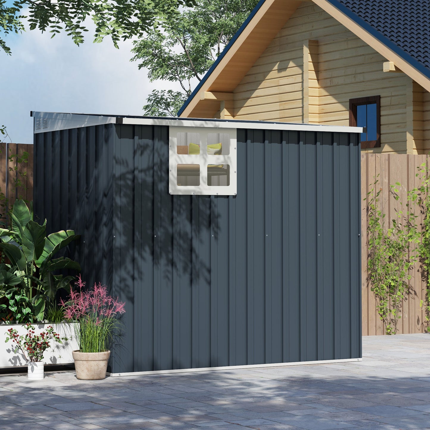 4' x 6' Outdoor Storage Shed, Metal Garden Shed with Window, 2 Vents and Lockable Door, for Backyard, Garden, Lawn, Dark Grey