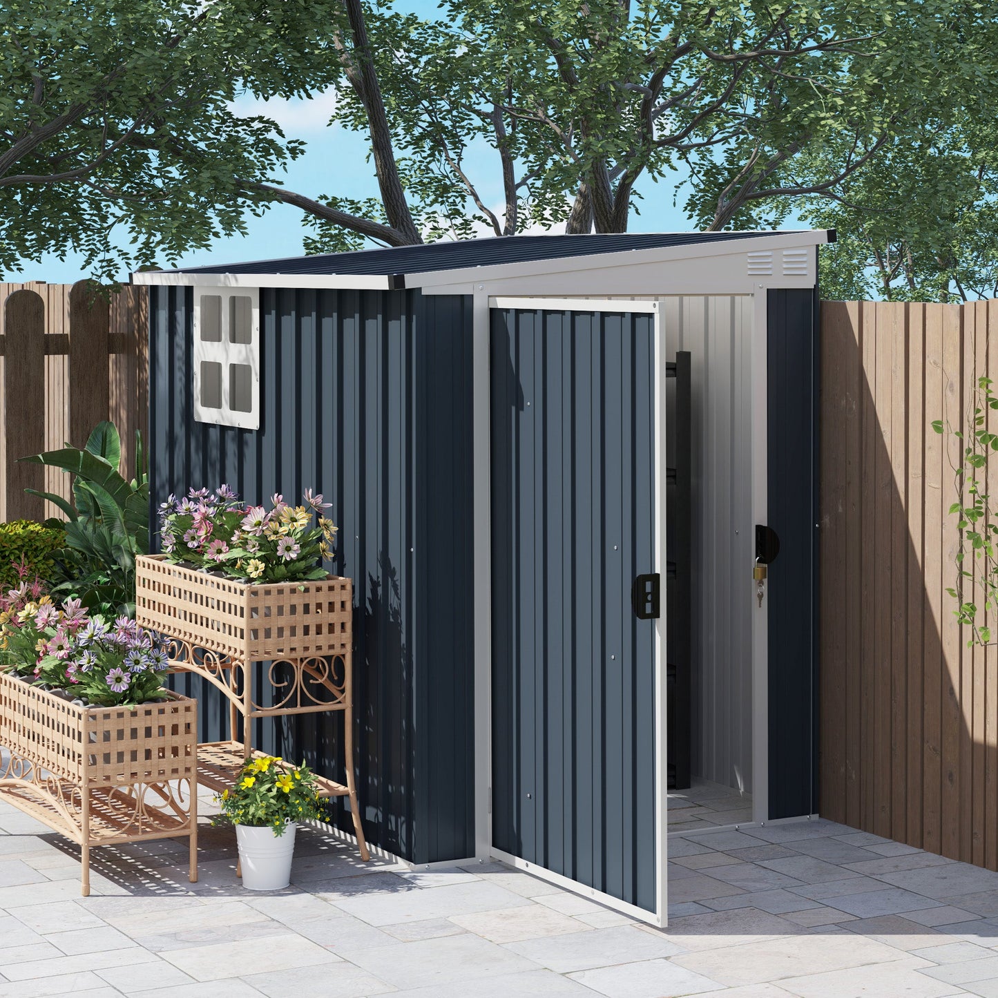 4' x 6' Outdoor Storage Shed, Metal Garden Shed with Window, 2 Vents and Lockable Door, for Backyard, Garden, Lawn, Dark Grey