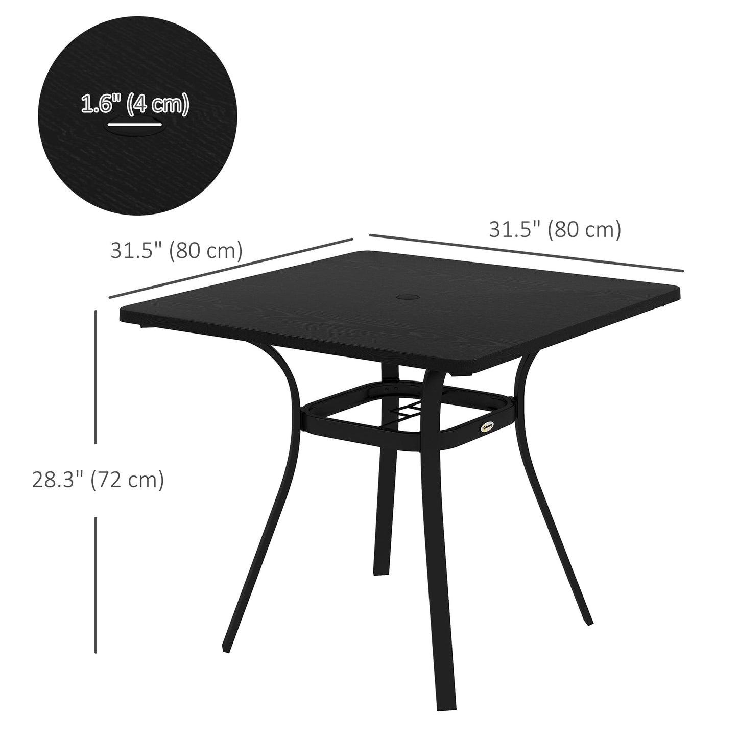 Patio Table, 31.5" Square Outdoor Dining Table for 4 People with Steel Legs, Metal Tabletop, Umbrella Hole, for Garden, Backyard, Lawn, Balcony, Black