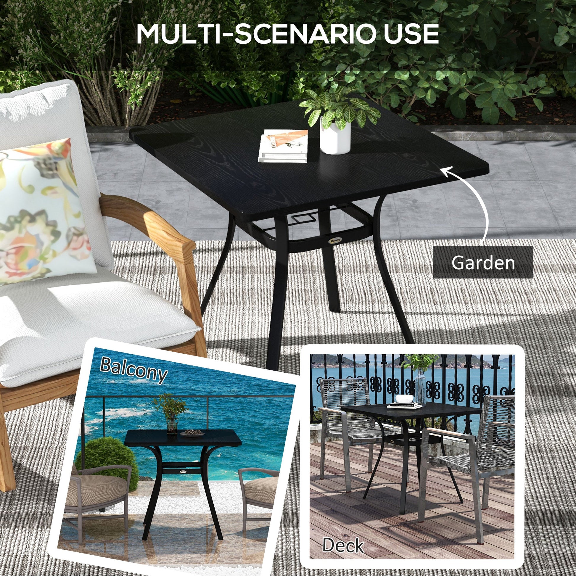 Patio Table, 31.5" Square Outdoor Dining Table for 4 People with Steel Legs, Metal Tabletop, Umbrella Hole, for Garden, Backyard, Lawn, Balcony, Black