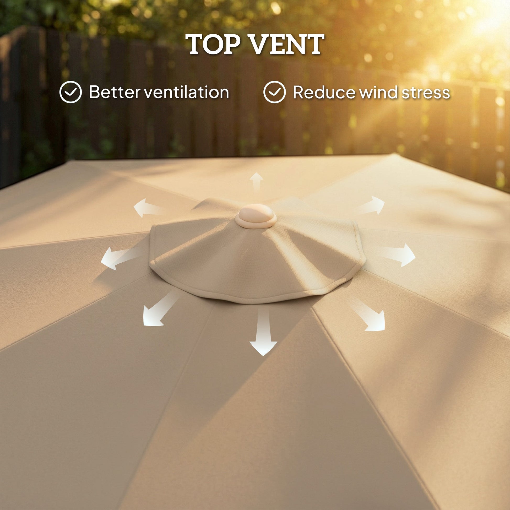 9 ft Patio Umbrella with Push Button Tilt and Crank, Fringed Outdoor Market Table Umbrella Parasol with Vent, 8 Ribs for Garden, Deck, Pool, Khaki