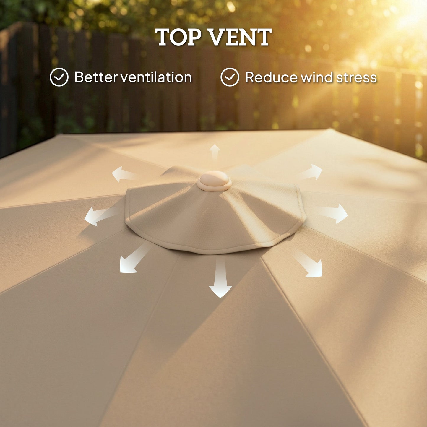 9 ft Patio Umbrella with Push Button Tilt and Crank, Fringed Outdoor Market Table Umbrella Parasol with Vent, 8 Ribs for Garden, Deck, Pool, Khaki