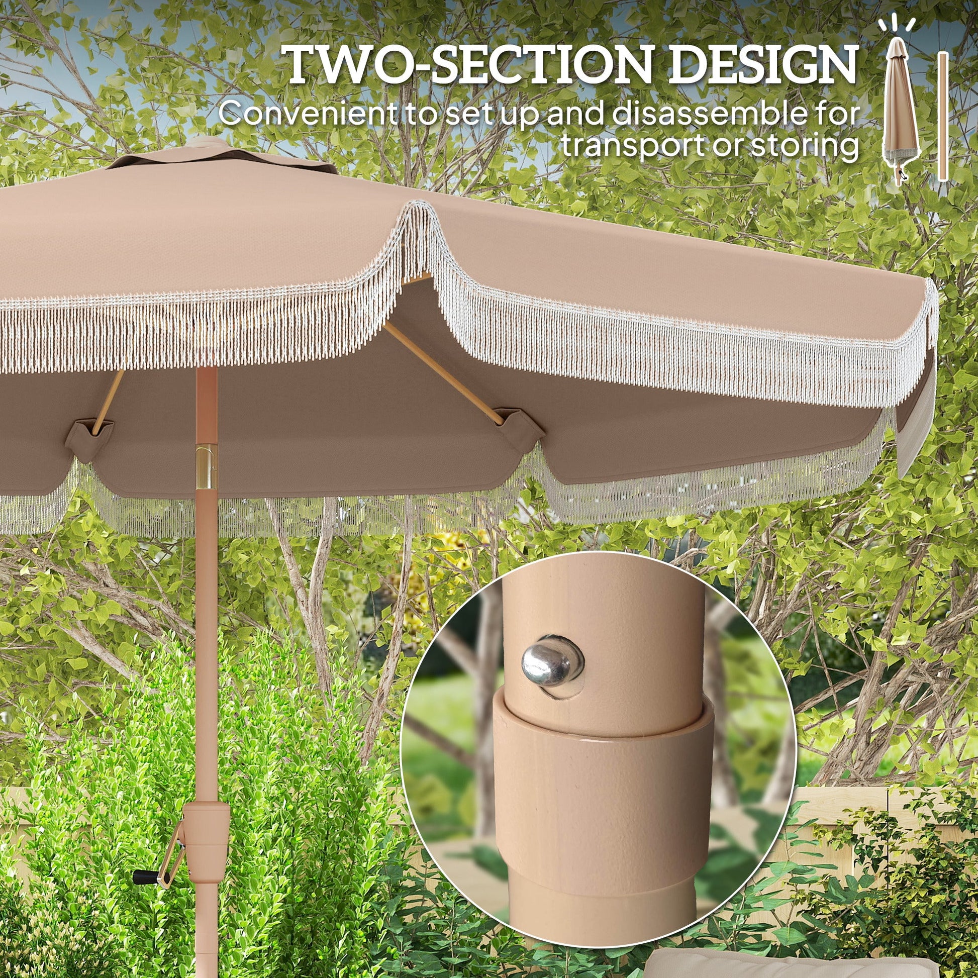9 ft Patio Umbrella with Push Button Tilt and Crank, Fringed Outdoor Market Table Umbrella Parasol with Vent, 8 Ribs for Garden, Deck, Pool, Khaki