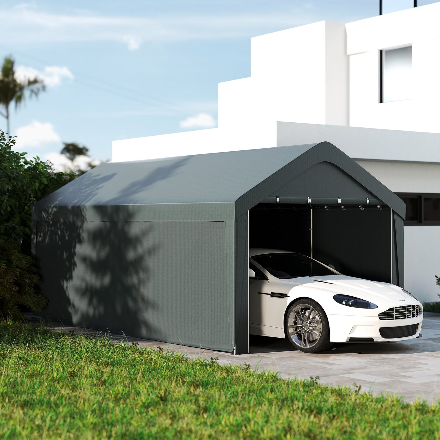 Carport, 10 x 20 ft Portable Garage with 2 Roll-Up Doors, Metal Carport Tent Shelter with Removable Sidewalls for Car, Truck, Garden Tools, Dark Grey