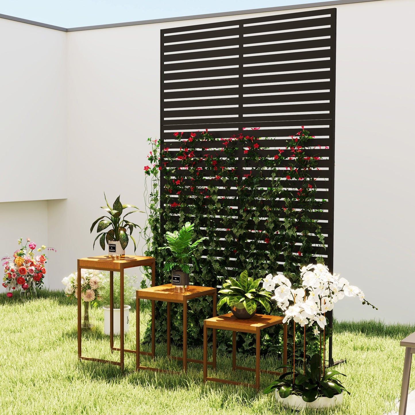 Metal Outdoor Privacy Screen, Decorative Outdoor Divider with Stand and Expansion Screws, Freestanding Privacy Panel for Garden Backyard Deck Pool Hot Tub, Black