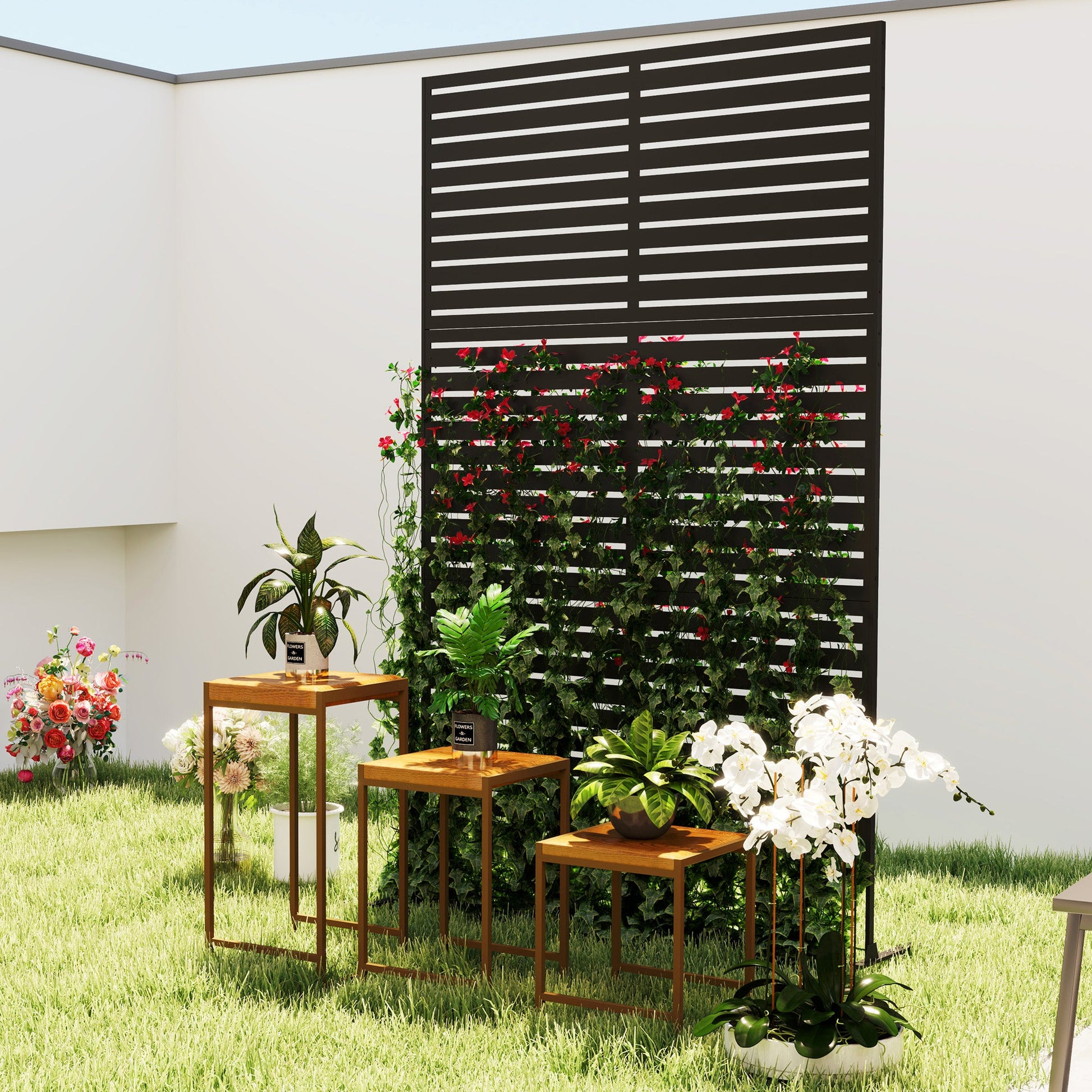 Metal Outdoor Privacy Screen, Decorative Outdoor Divider with Stand and Expansion Screws, Freestanding Privacy Panel for Garden Backyard Deck Pool Hot Tub, Black
