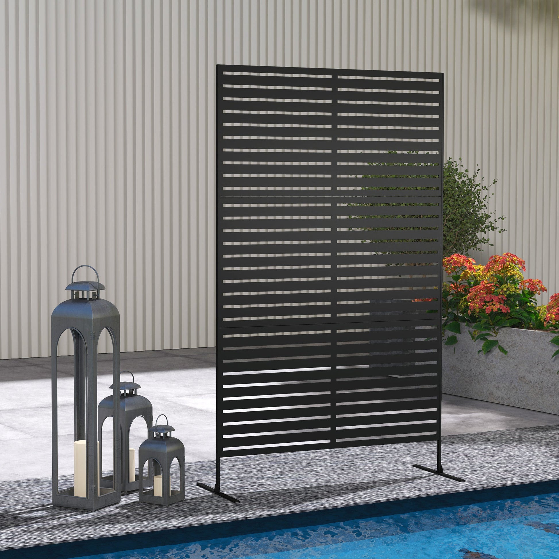 Metal Outdoor Privacy Screen, Decorative Outdoor Divider with Stand and Expansion Screws, Freestanding Privacy Panel for Garden Backyard Deck Pool Hot Tub, Black