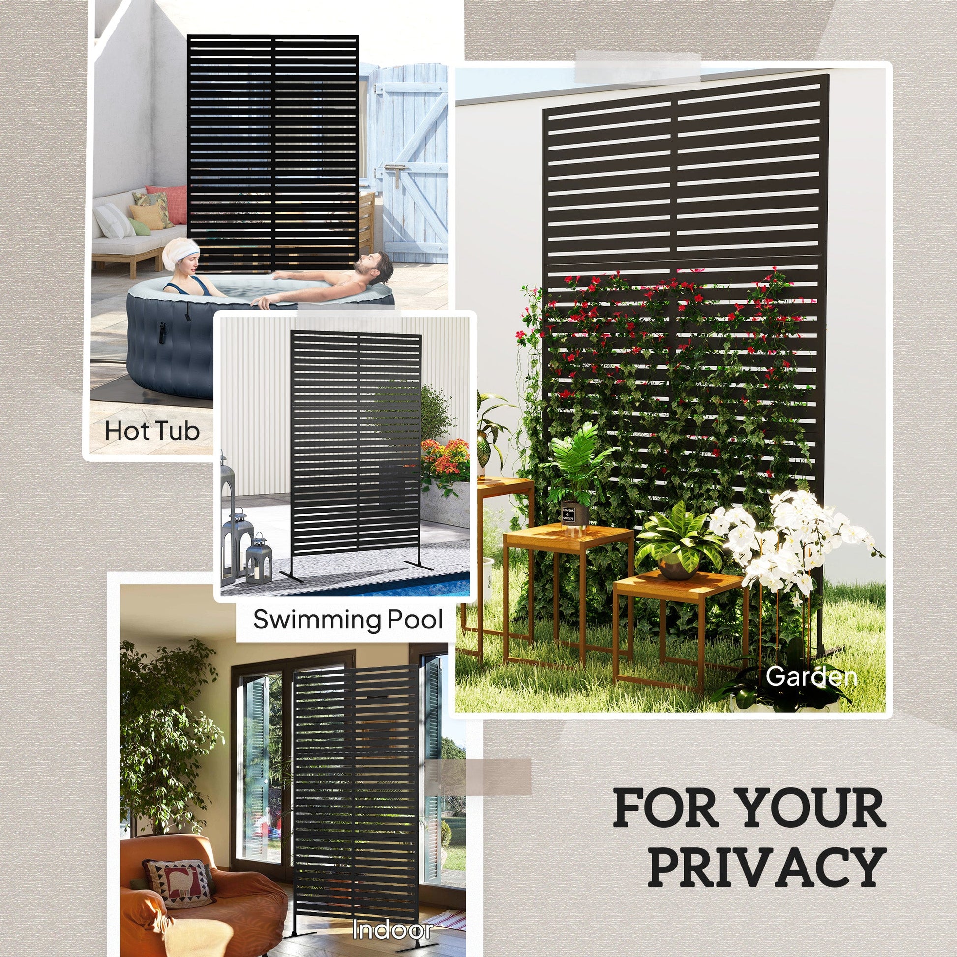Metal Outdoor Privacy Screen, Decorative Outdoor Divider with Stand and Expansion Screws, Freestanding Privacy Panel for Garden Backyard Deck Pool Hot Tub, Black