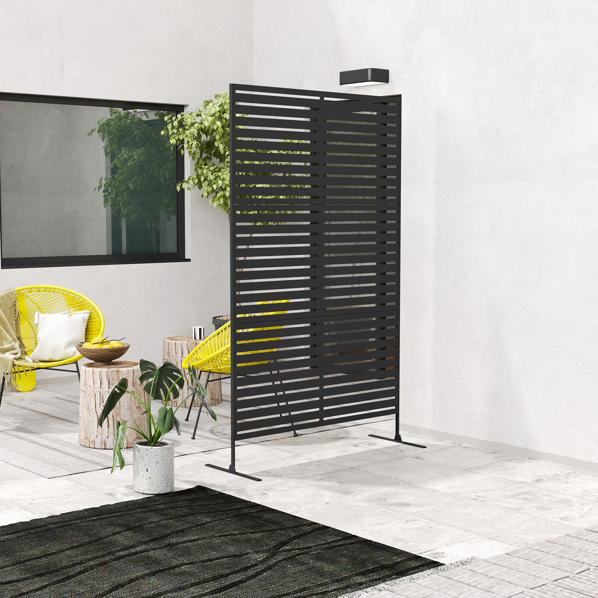Metal Outdoor Privacy Screen, Decorative Outdoor Divider with Stand and Expansion Screws, Freestanding Privacy Panel for Garden Backyard Deck Pool Hot Tub, Black