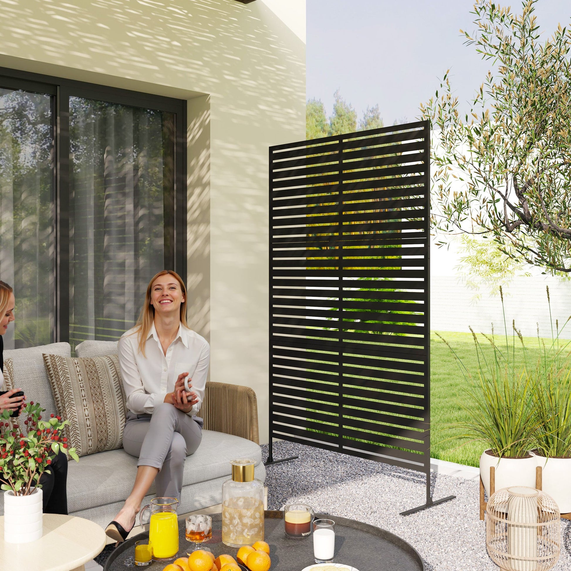 Metal Outdoor Privacy Screen, Decorative Outdoor Divider with Stand and Expansion Screws, Freestanding Privacy Panel for Garden Backyard Deck Pool Hot Tub, Black