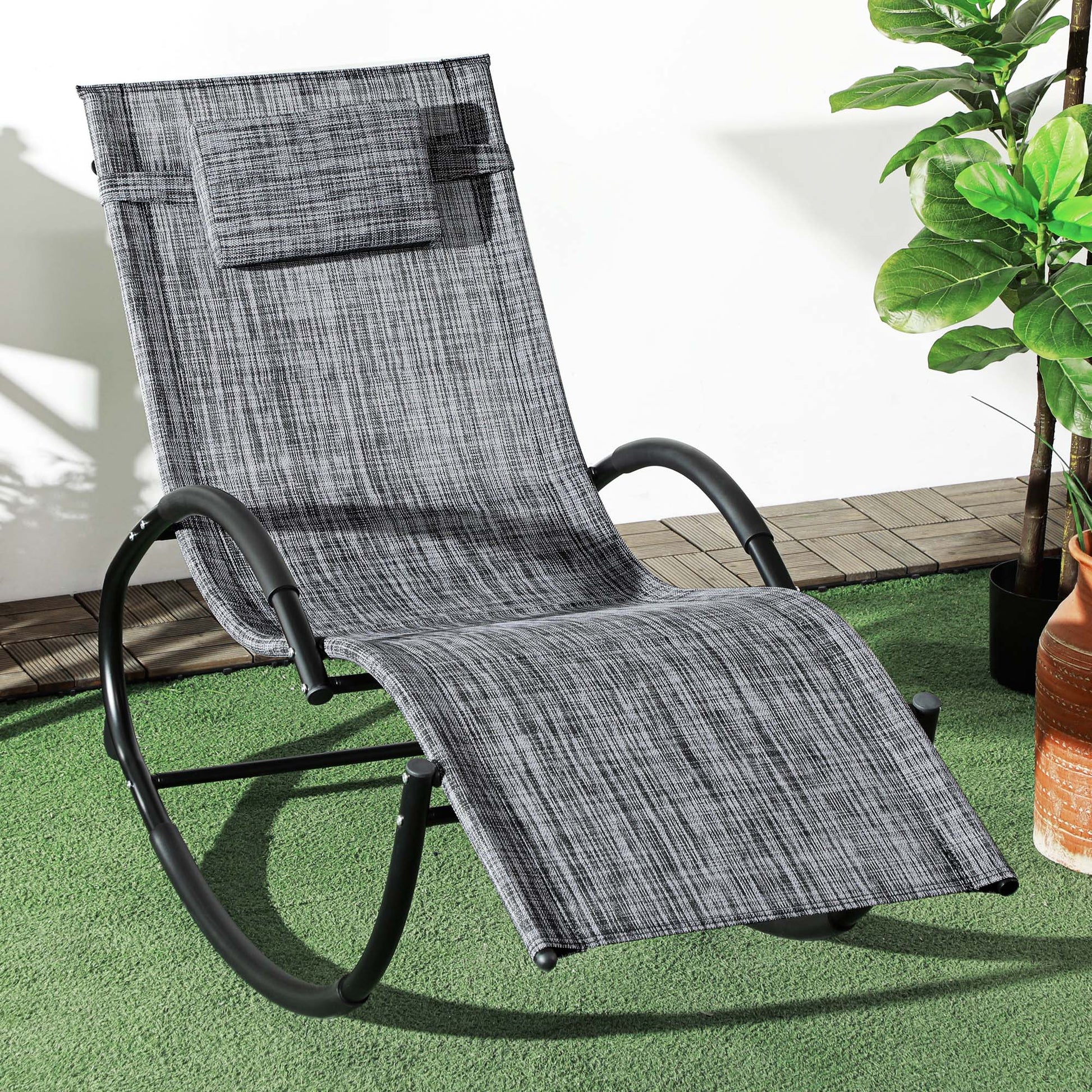 Patio Rocking Lounge Chair Outdoor Zero Gravity Rocker with Mesh Seat Padded Pillow Grey