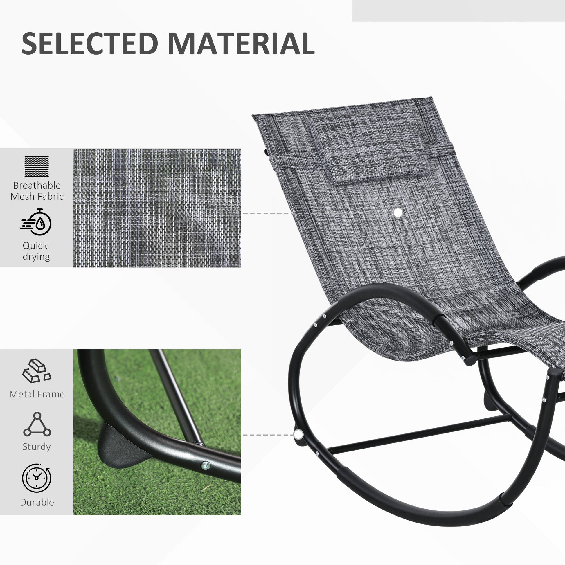 Patio Rocking Lounge Chair Outdoor Zero Gravity Rocker with Mesh Seat Padded Pillow Grey