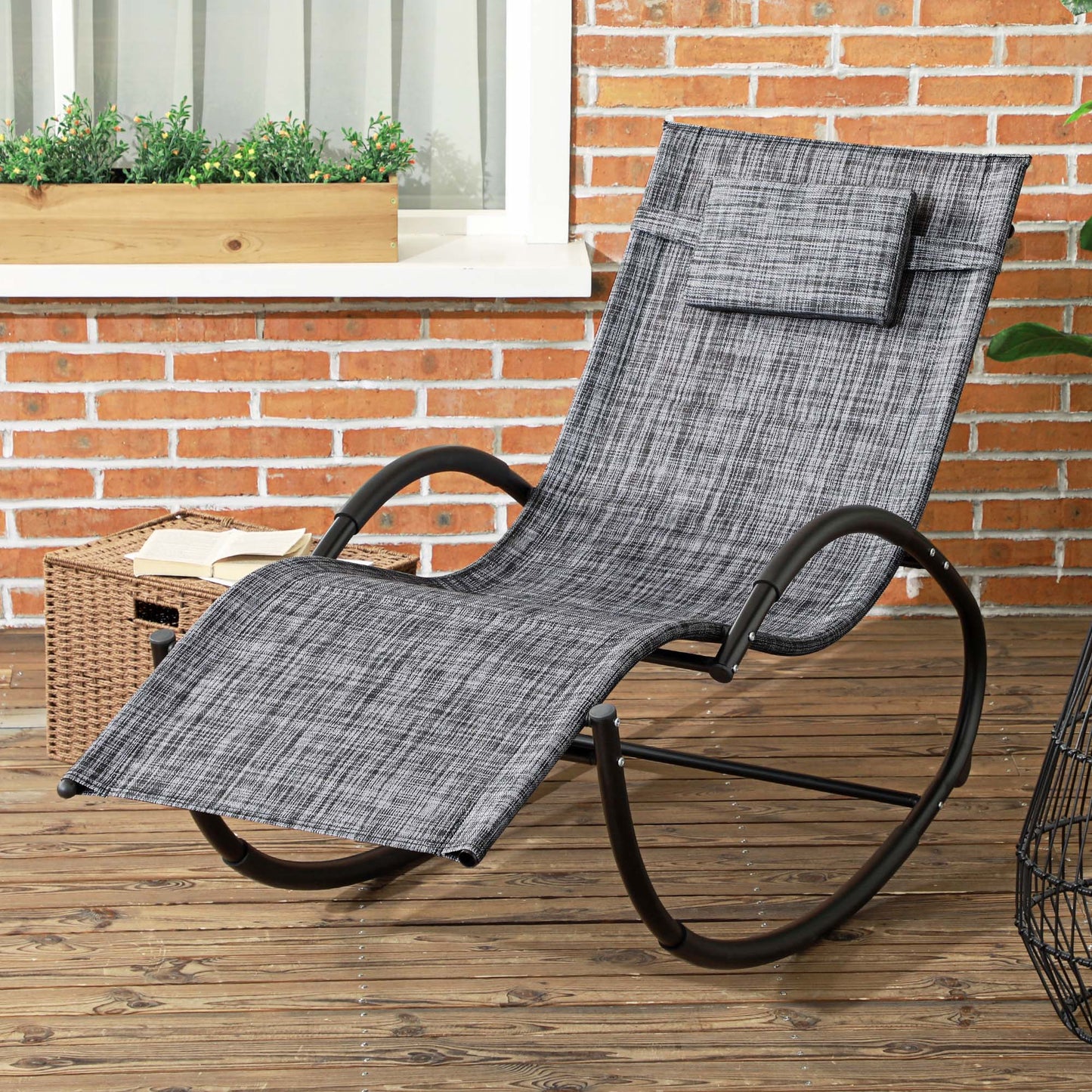 Patio Rocking Lounge Chair Outdoor Zero Gravity Rocker with Mesh Seat Padded Pillow Grey