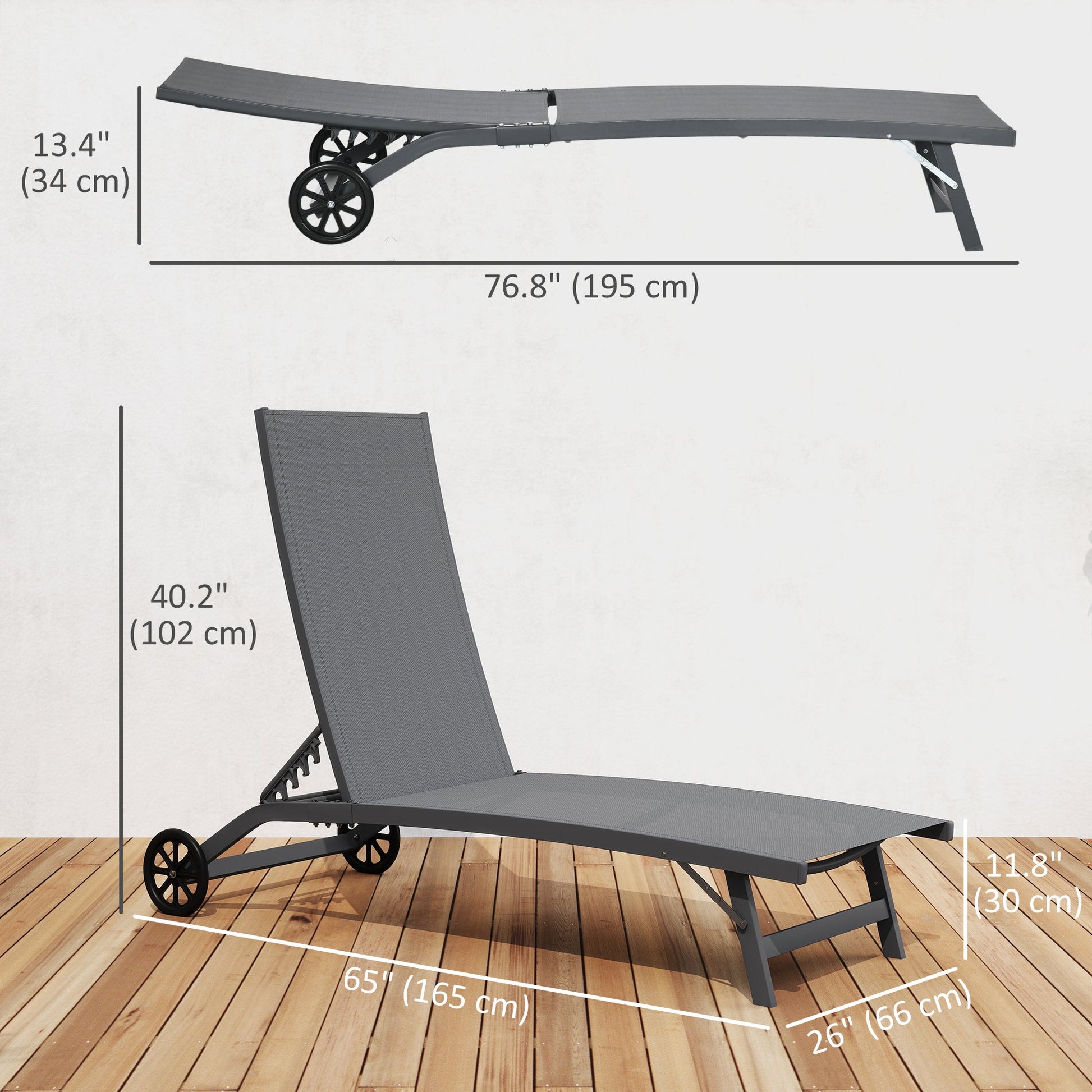 Lounge Chair Outdoor Set of 2 with Wheels, 5-Position Reclining Chaise Lounge Tanning Chair, Breathable Mesh Sun Lounger for Patio, Backyard, Beach, Poolside, Dark Grey