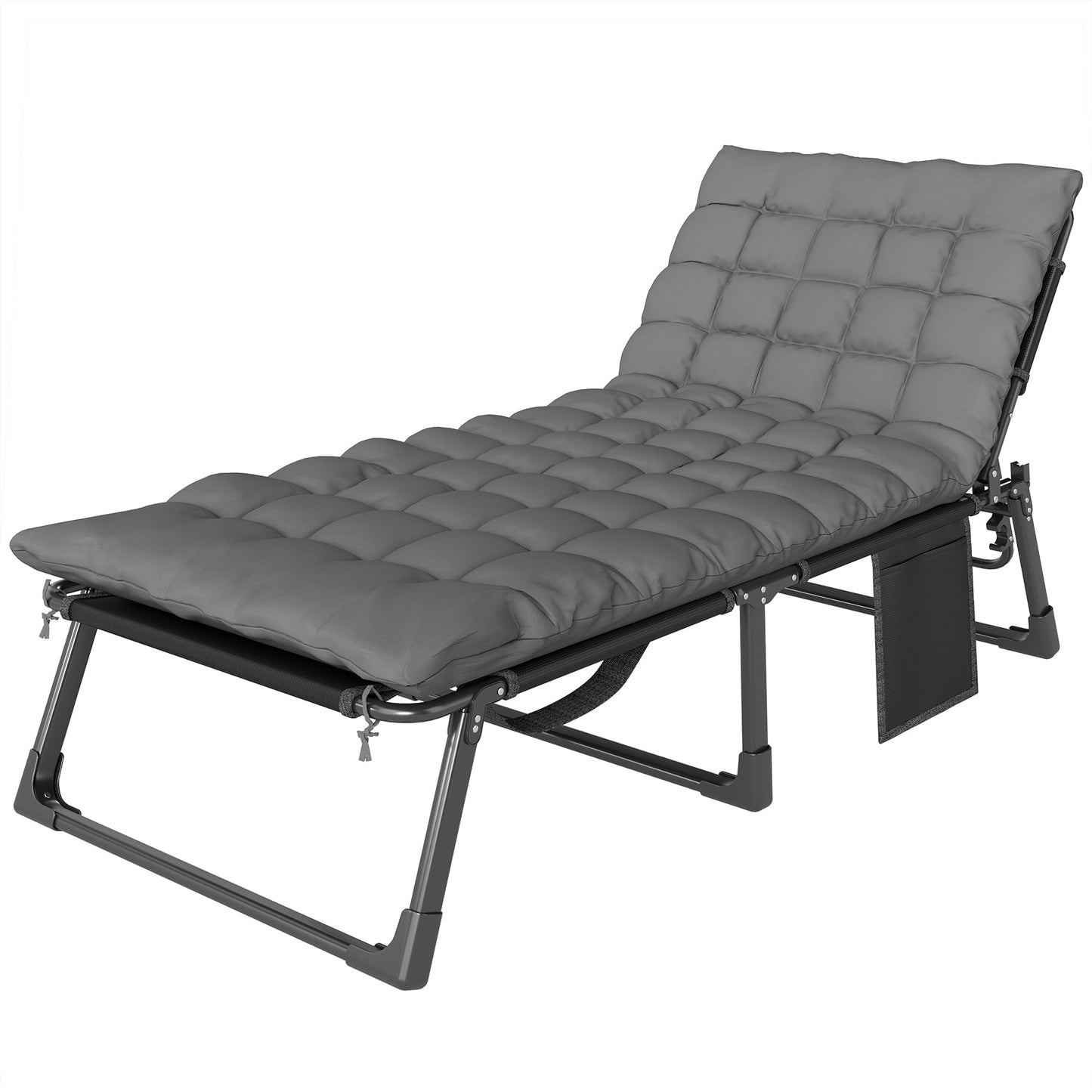 Lounge Chair Outdoor, 75 cm Wide Folding Chaise Lounge Tanning Chair, 5-Position Beach Patio Lounger Camping Cot Bed with Cushion, Side Pocket, Dark Grey