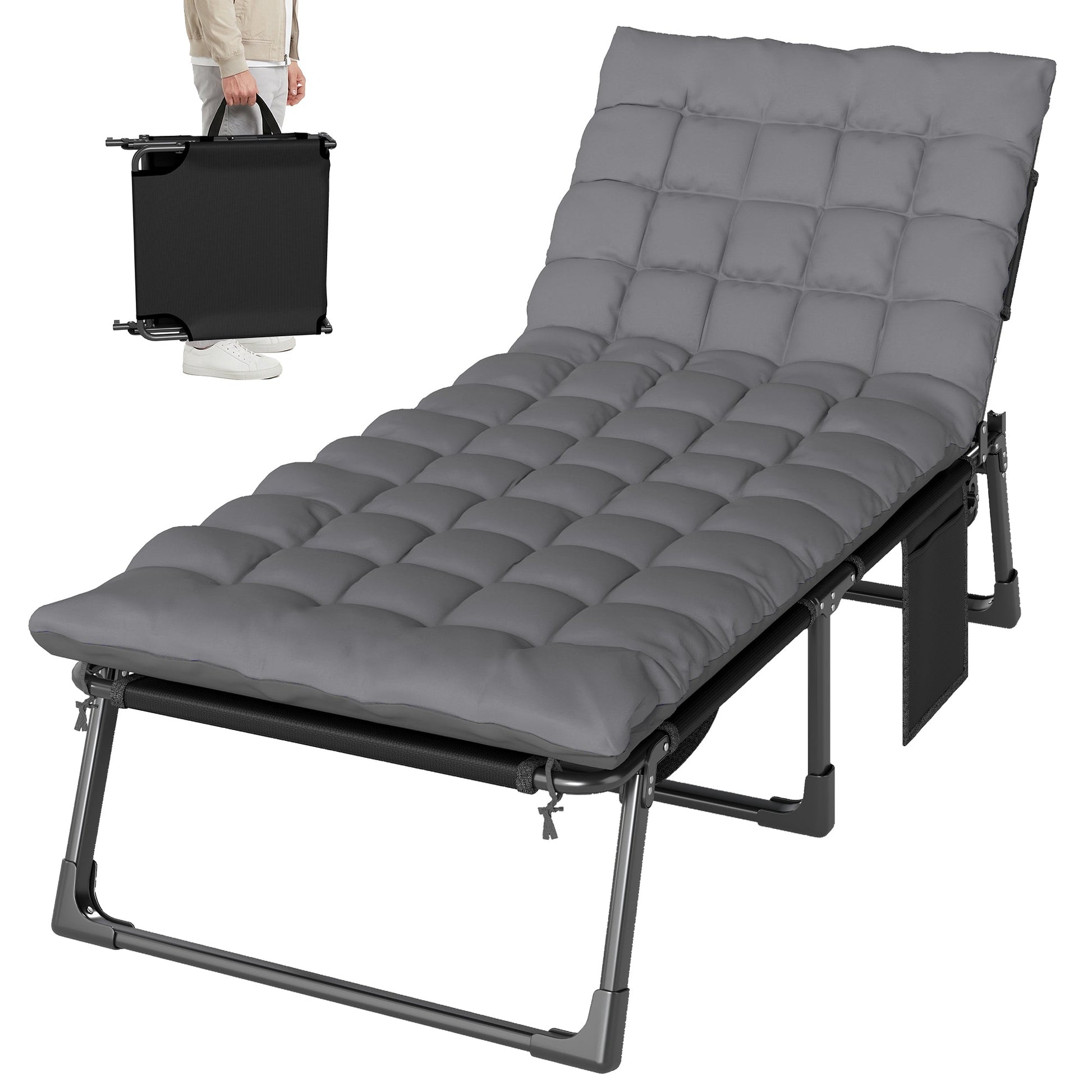 Lounge Chair Outdoor, 75 cm Wide Folding Chaise Lounge Tanning Chair, 5-Position Beach Patio Lounger Camping Cot Bed with Cushion, Side Pocket, Dark Grey